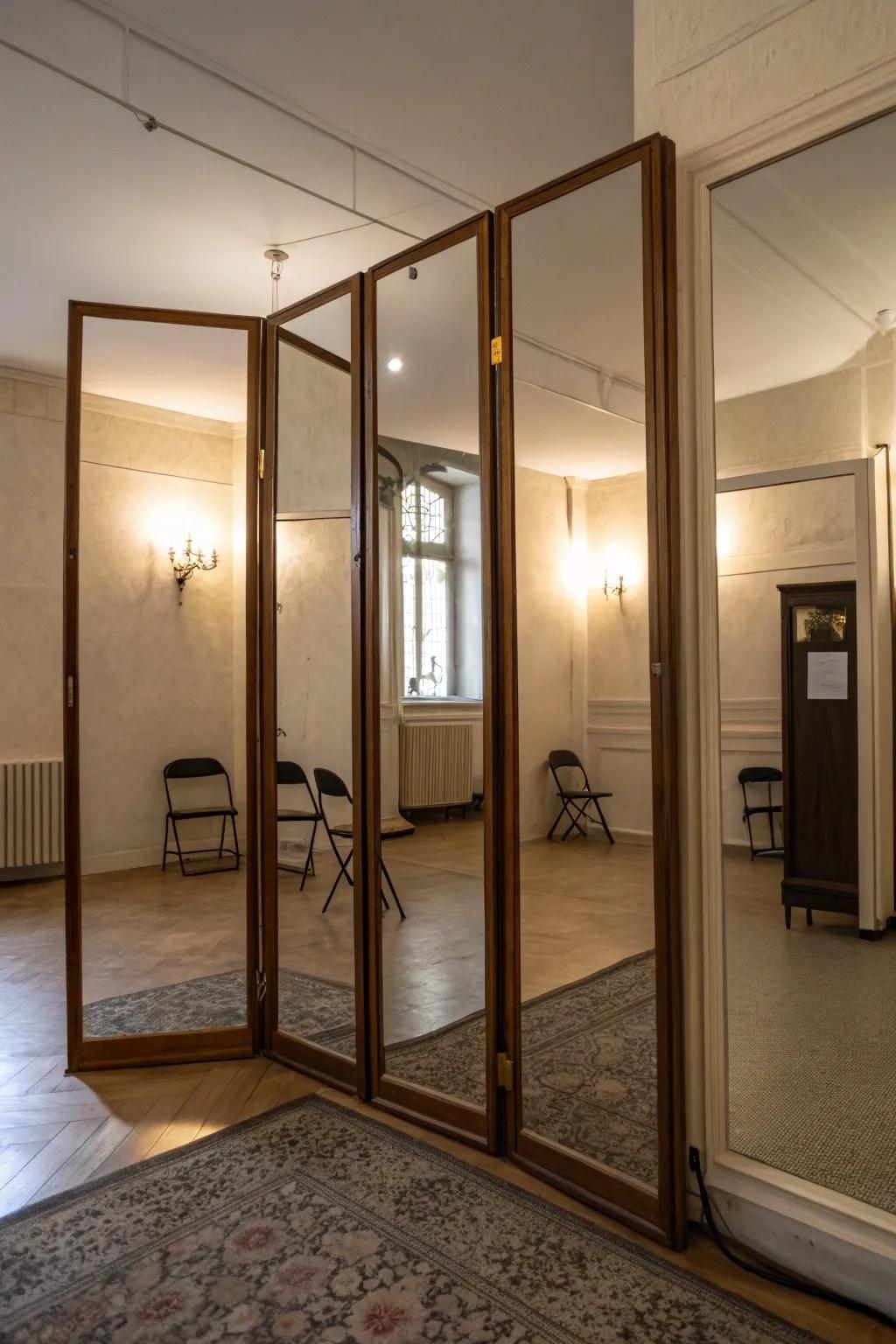 Mirrored screens are a chic choice for adding spaciousness and light.