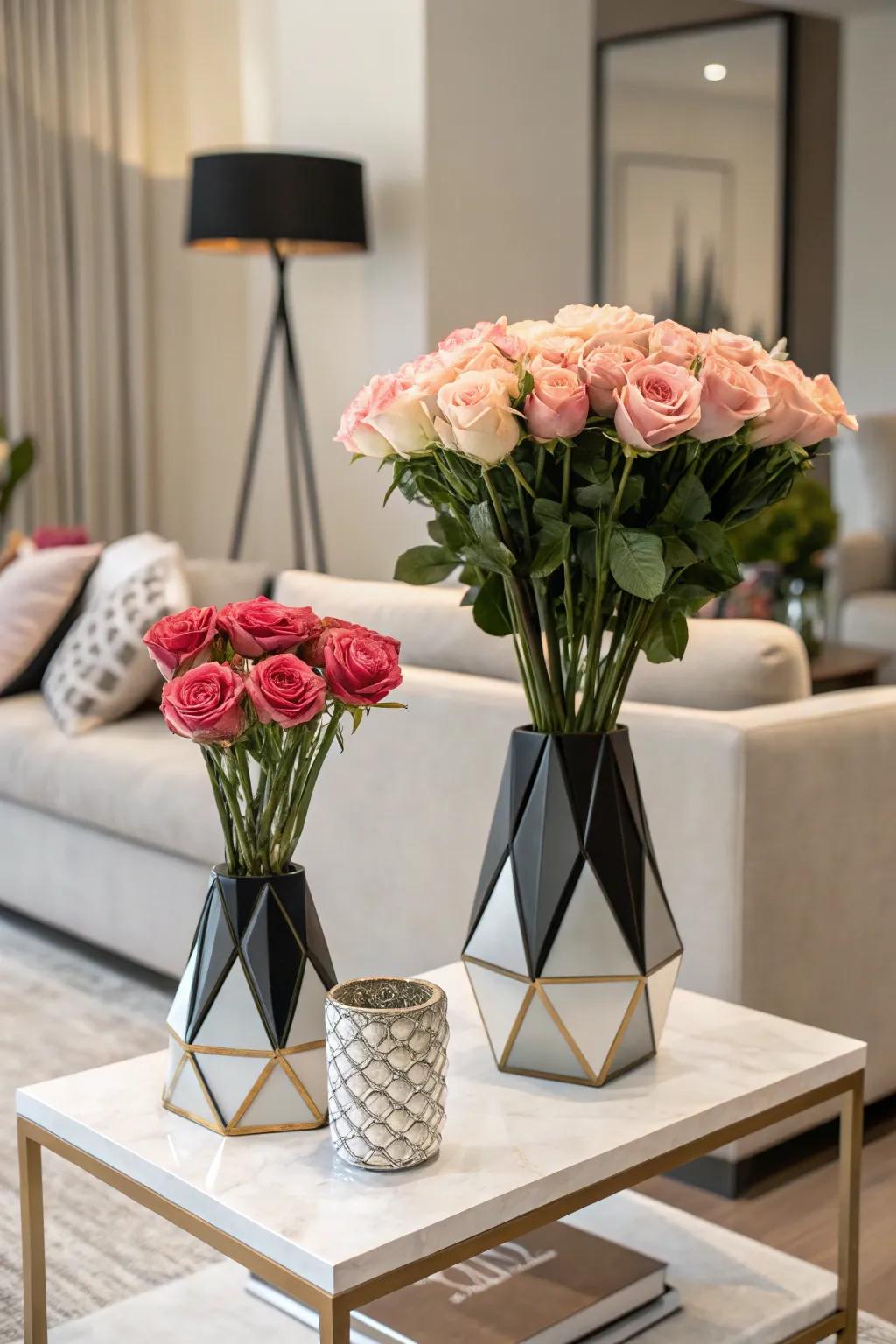 Modern variation through roses within geometric vases.