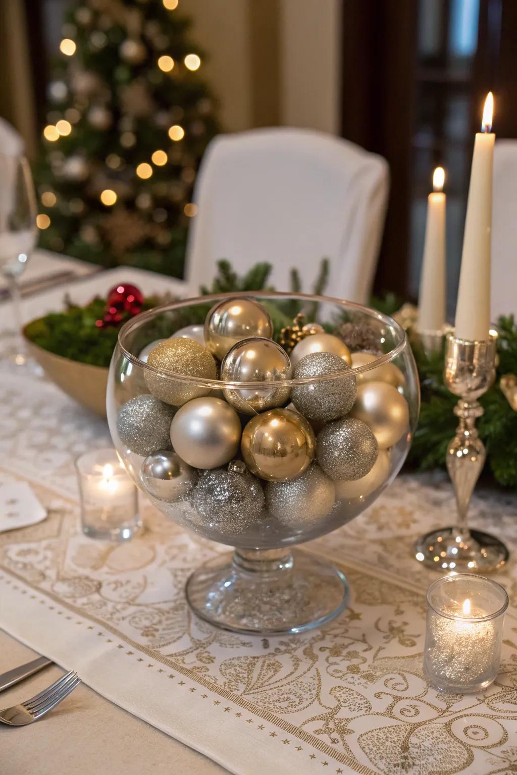 Metallic orbs within a glass vessel introduce a glamorous sparkle to your setting.