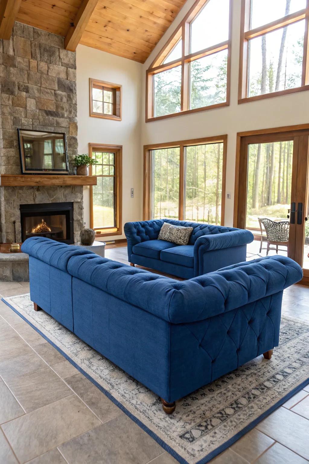 An open configuration with the sapphire settee as a focal point elevates the room's spacious ambiance.