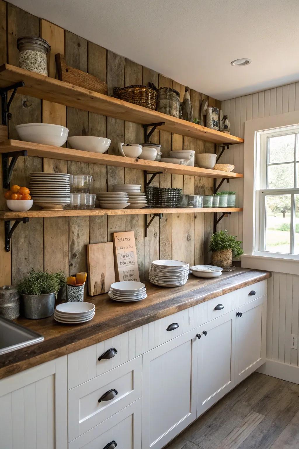 Exposed shelving amplifies the countryside charm of the kitchen.