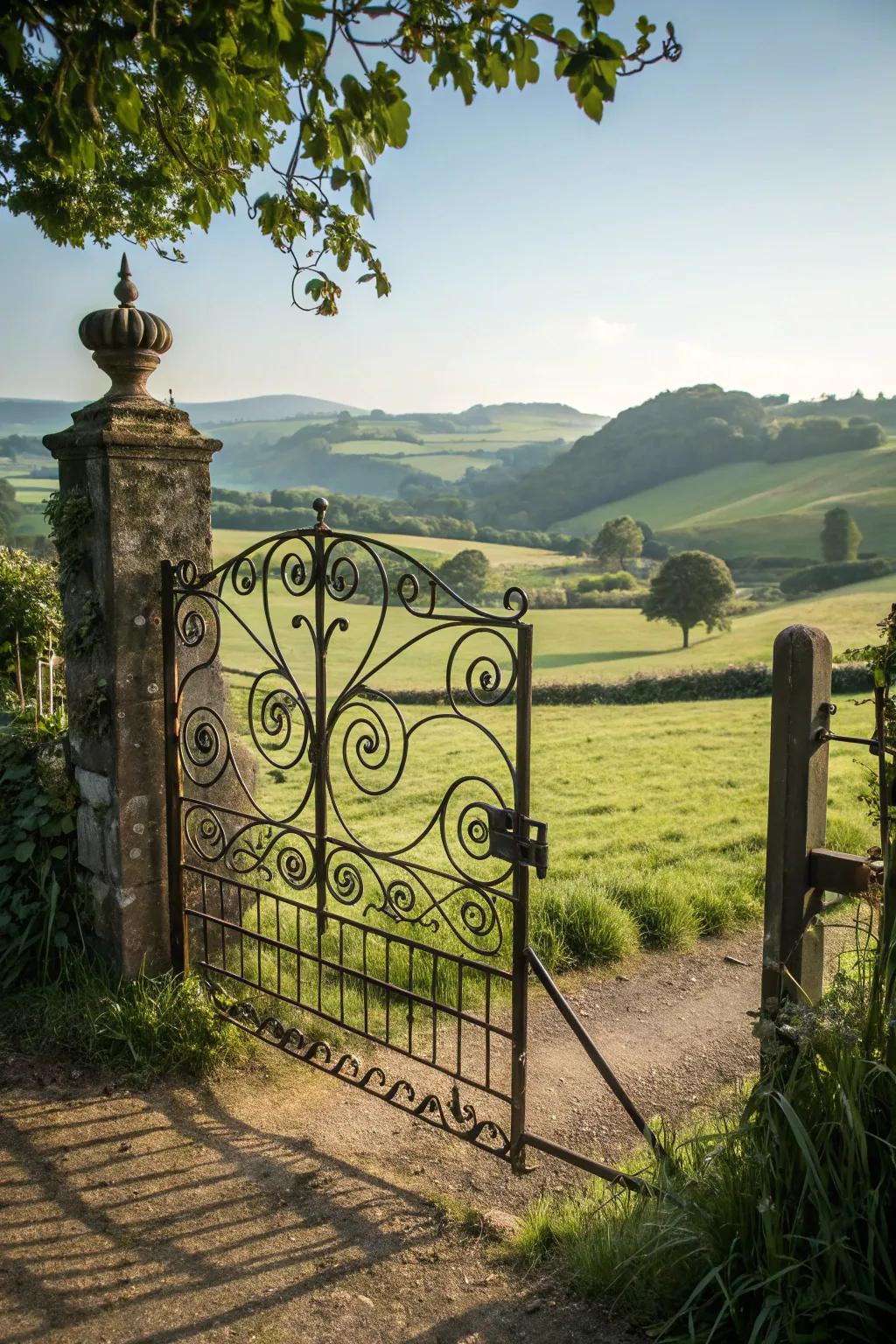 Elegance through intricate iron scrollwork on a rural portal.