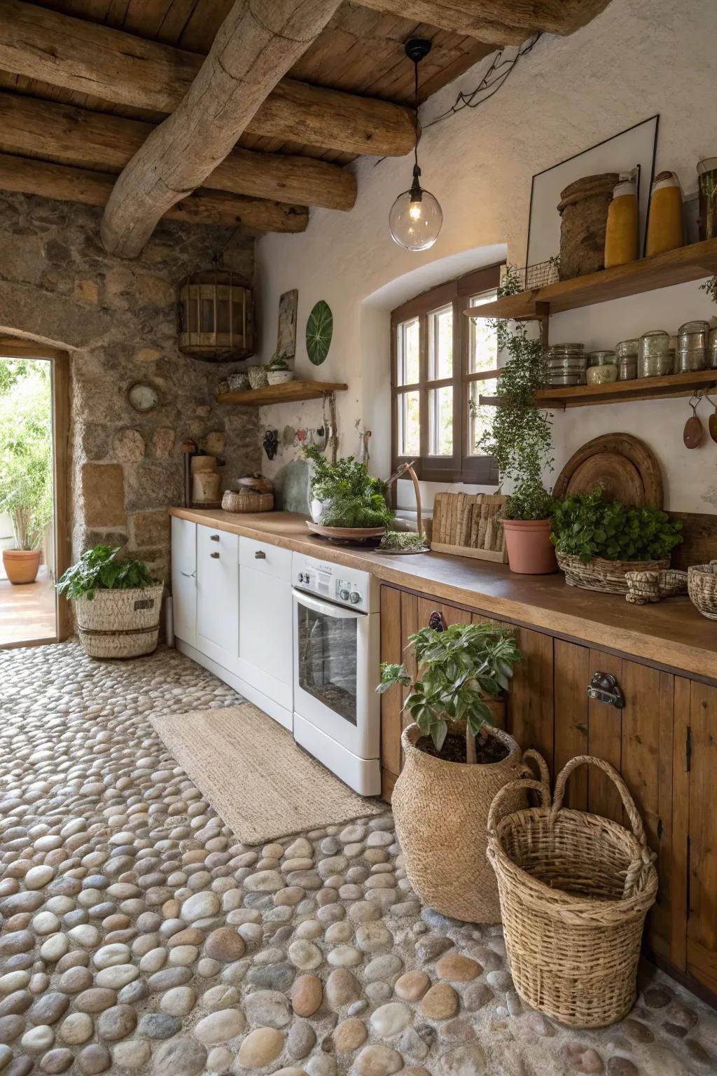 Pebble rock floors infuse a distinctive organic texture.