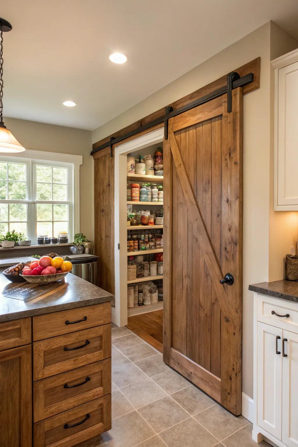 Mobile barn-style panels contribute both flair and utility to the kitchen.