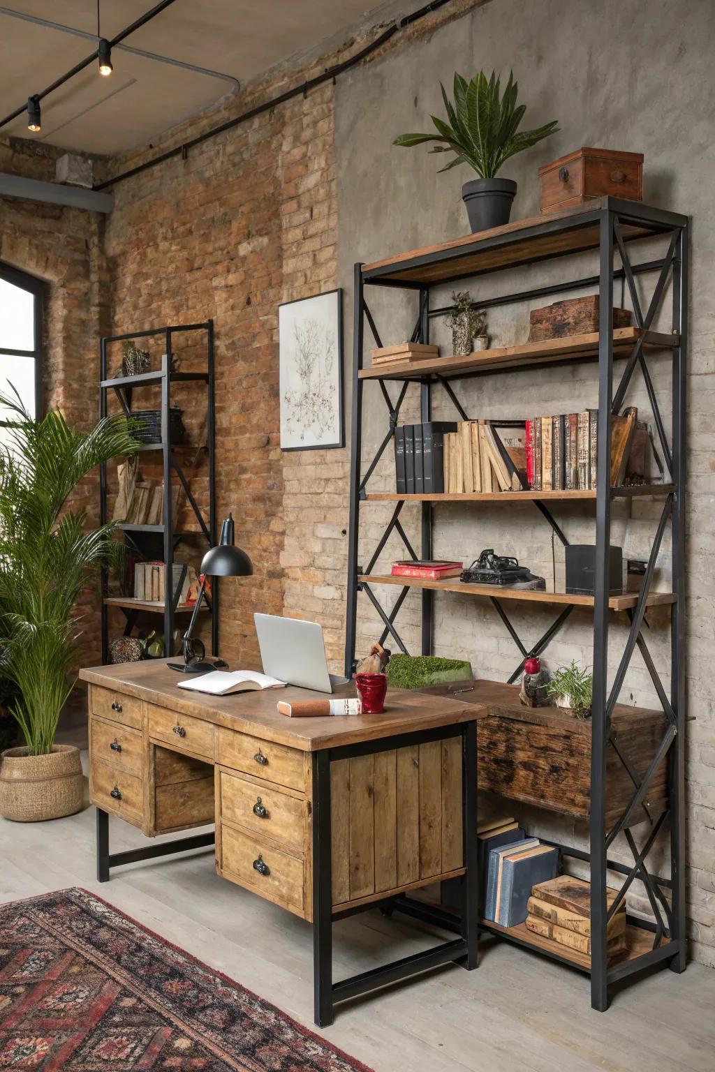 Industrial shelving provides panache and function in a country-style office.