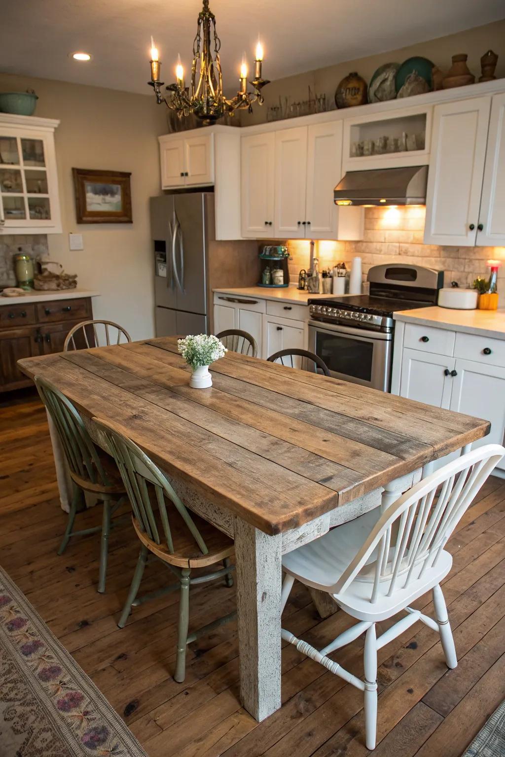 A reclaimed timber table contributes history and warmth to a countryside kitchen.