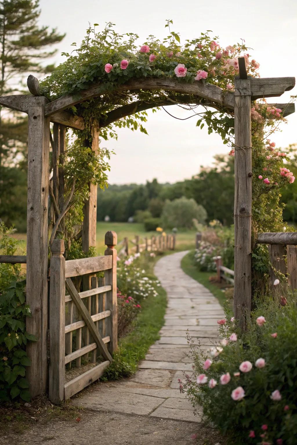 A provincial archway over a split rail fence entrance makes a welcoming central point.