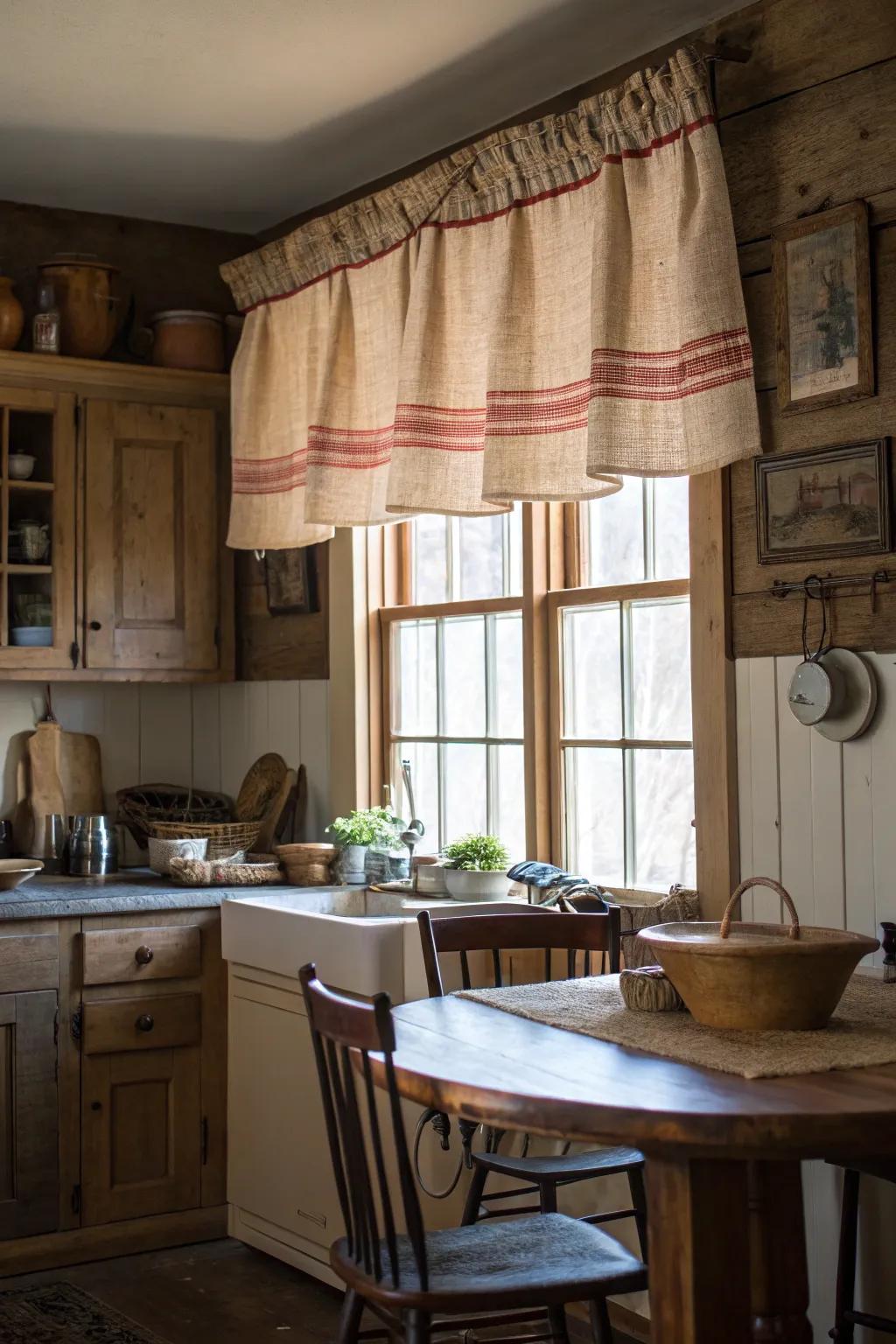 A farmhouse-inspired culinary space showcasing a valance fashioned from a classic grain sack, incorporating countryside allure.