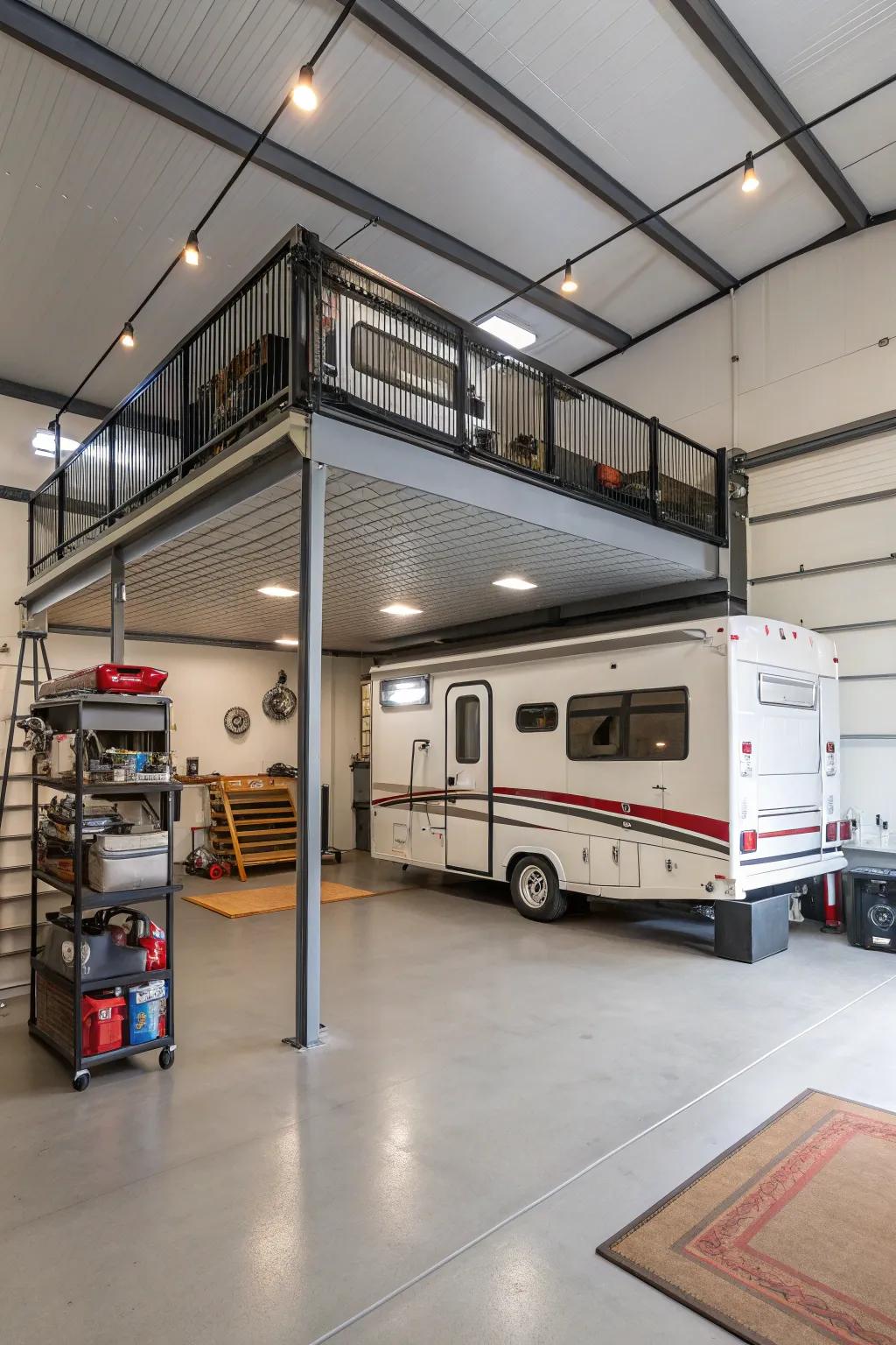 A mezzanine level effectively maximizes space within an RV garage.
