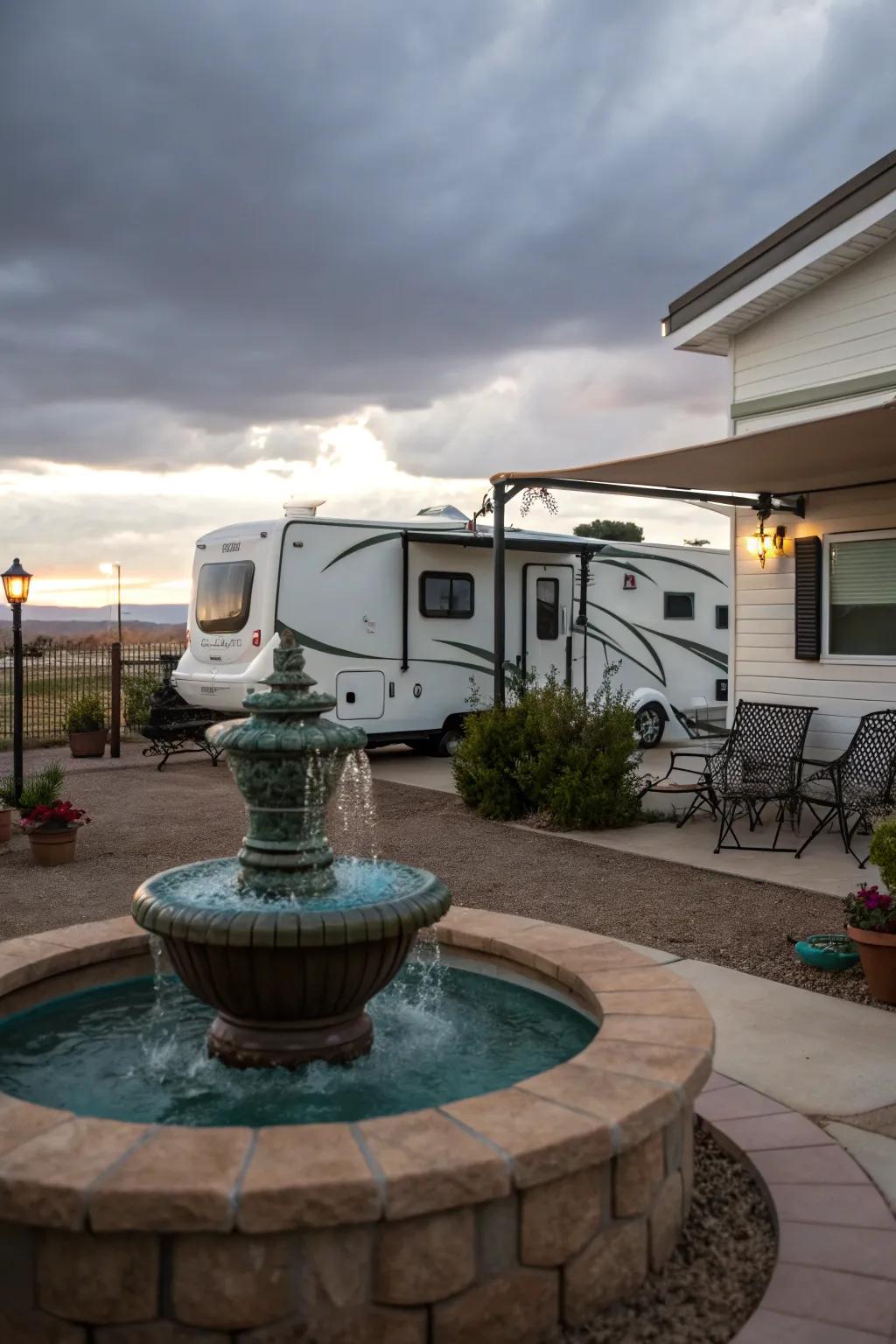 A water feature adds a calming presence to your RV patio.