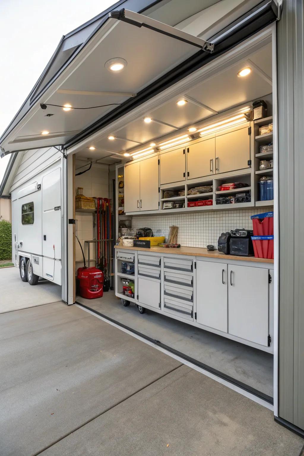 An RV shed with built-in storage for maximum convenience.