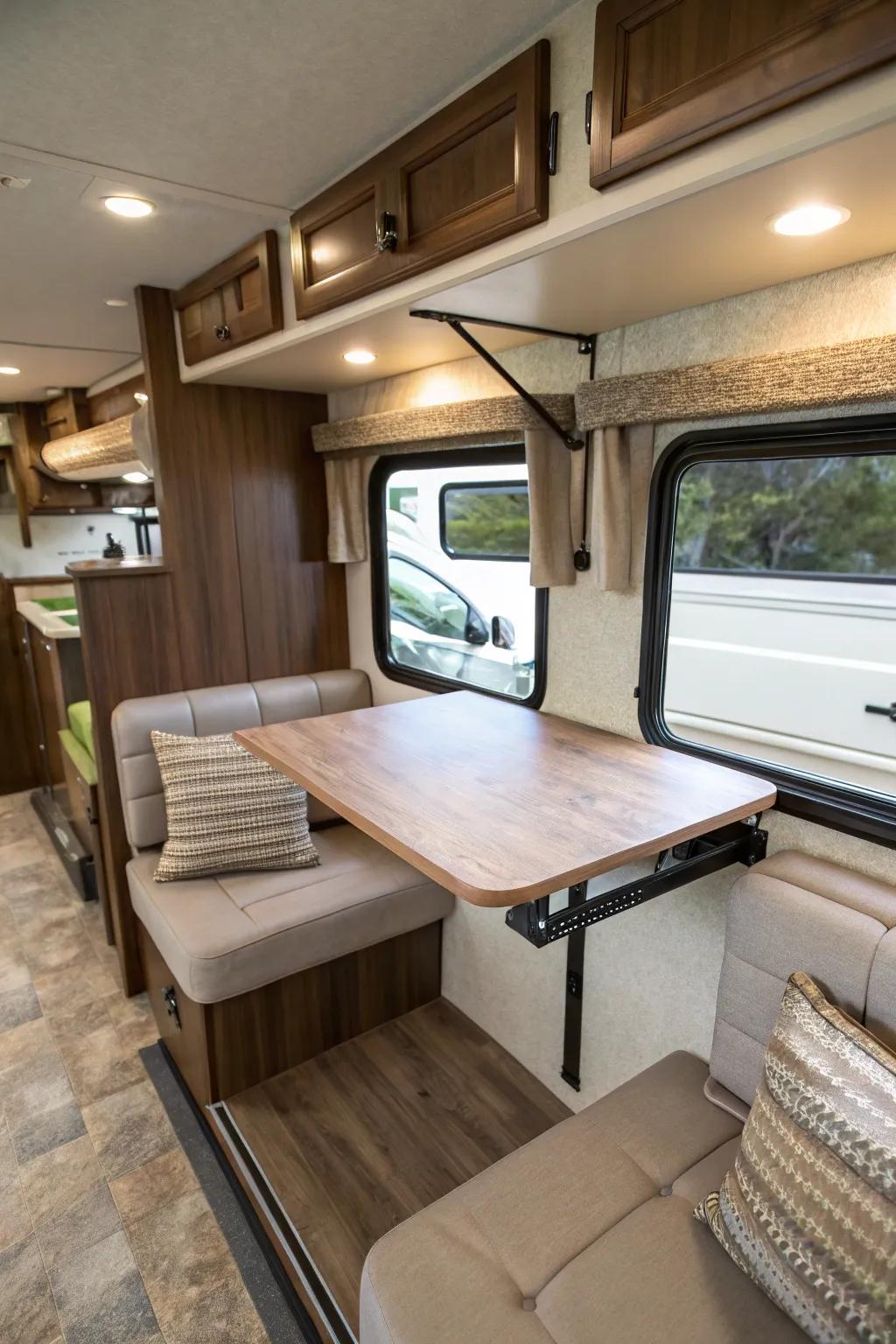 A floating surface composition retains an open and airy feel within your RV.