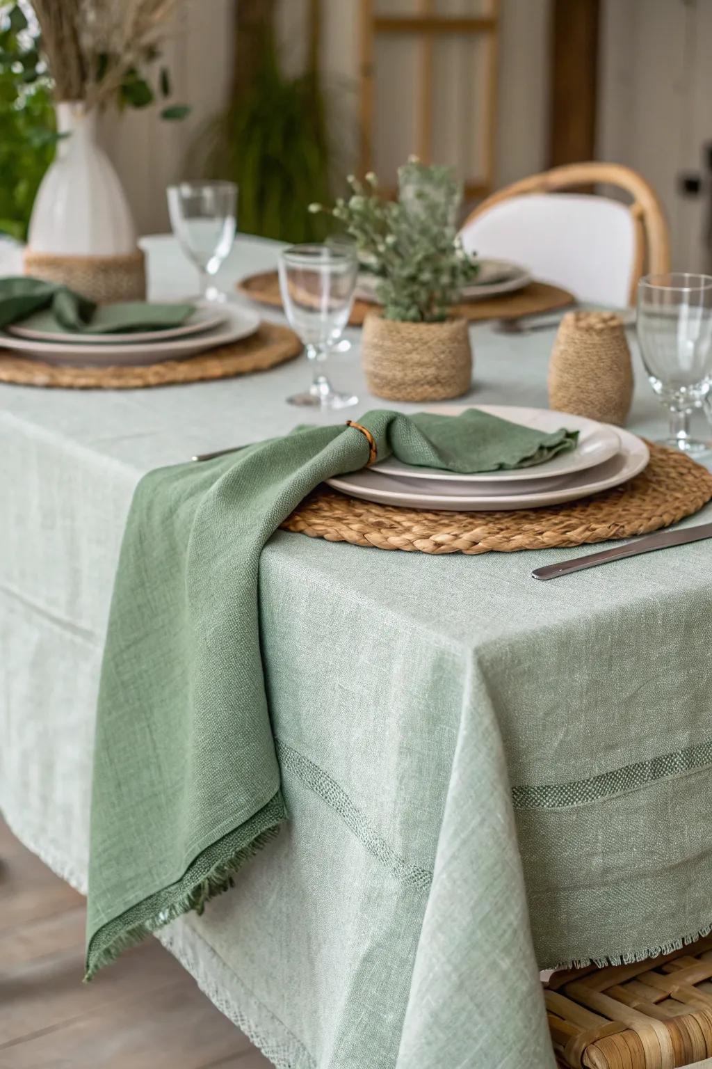 Textured textiles in verdant hues will introduce dimension and intrigue to your tabletop decor.