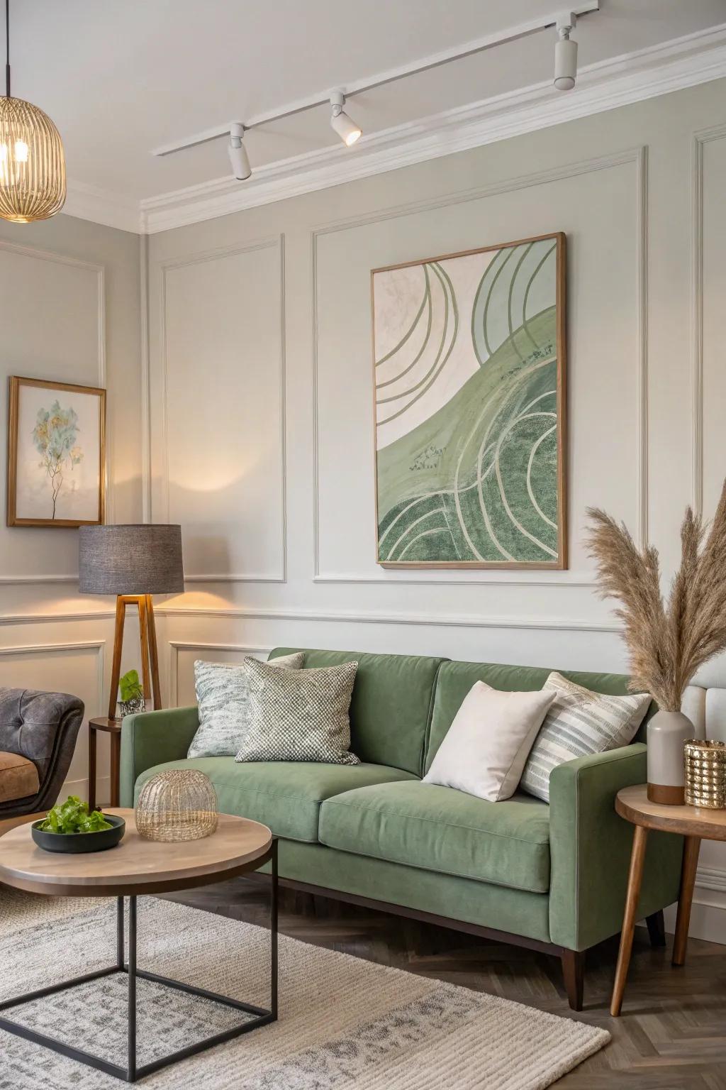 Sage green mural establishes a striking, sophisticated statement.