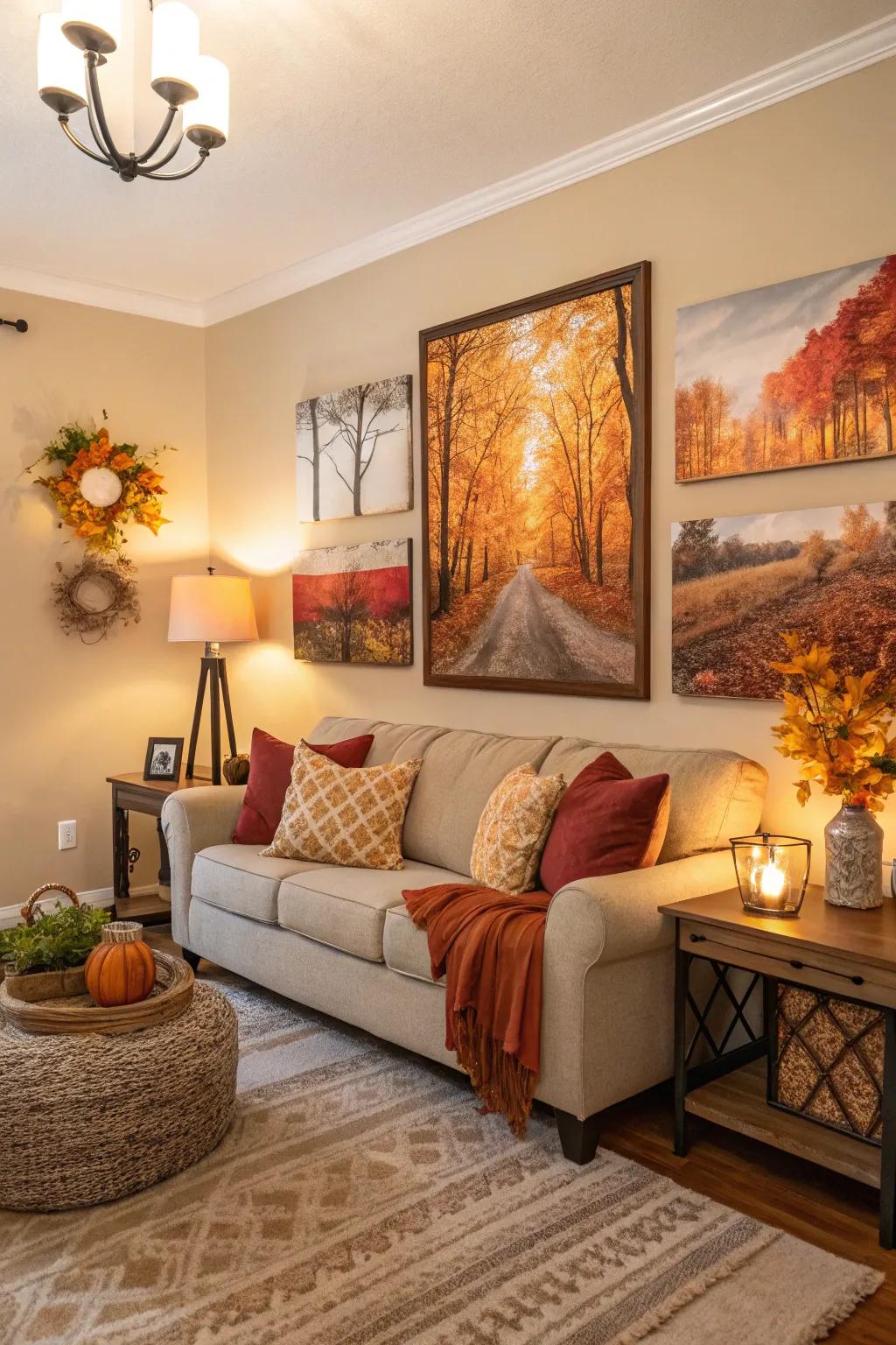 A living space showcasing seasonal wall art swaps with warm color tones