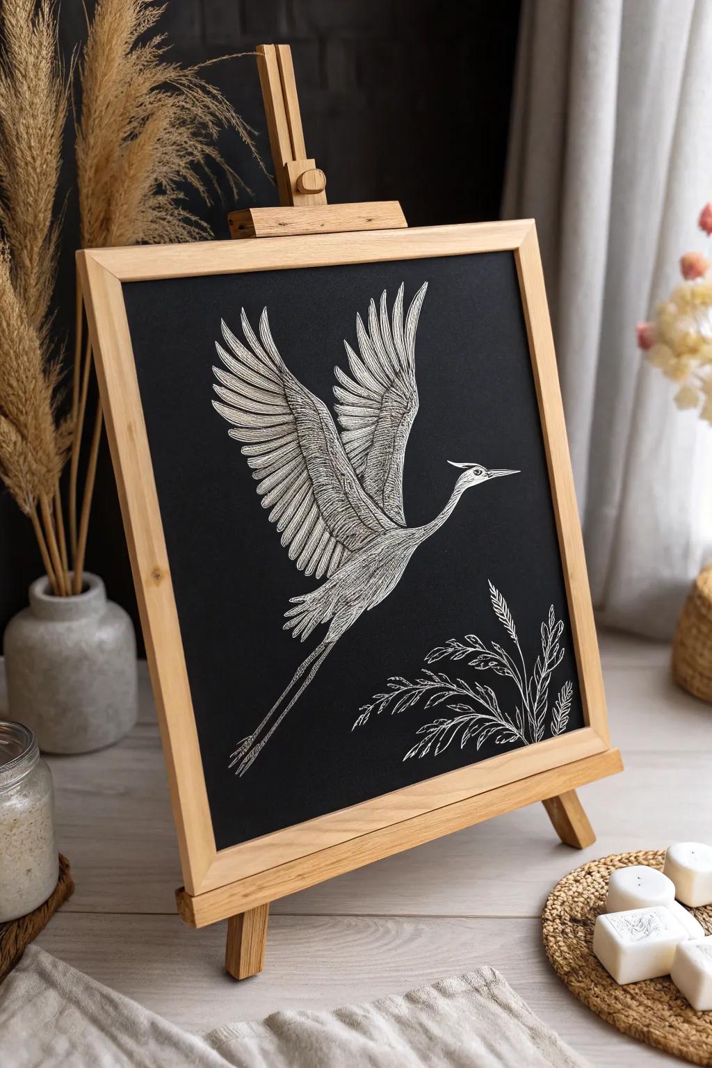 Capture the graceful essence of flight with this breathtaking avian form on scratchboard—where understated elegance harmonizes with artistic expertise.