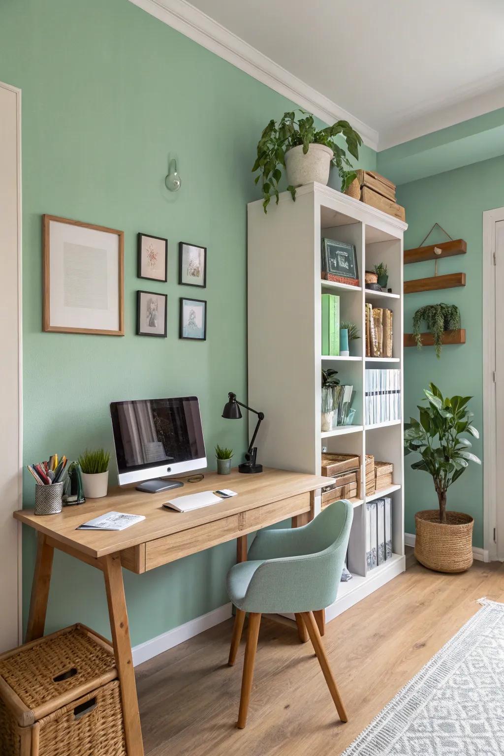 A calming home office featuring seafoam green painted walls to boost productivity.