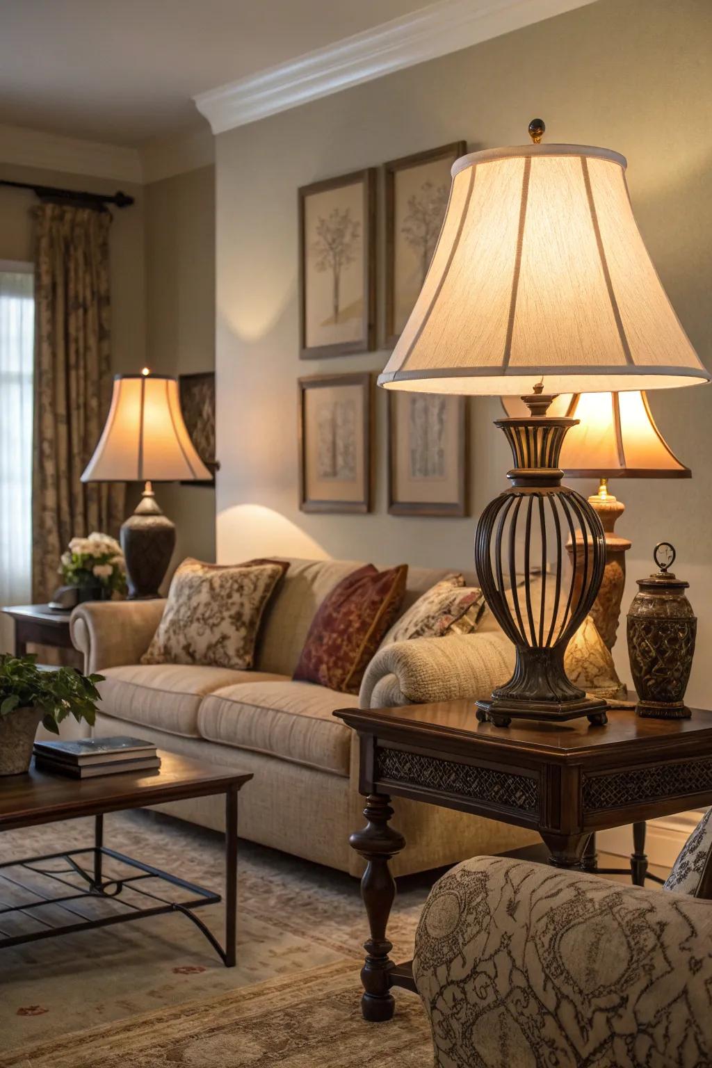 Layered illumination enhances the room's ambiance and warmth.