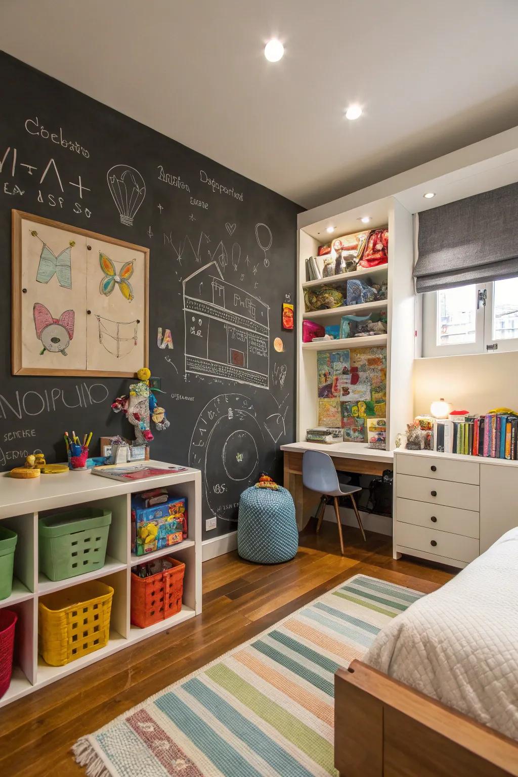 A chalkboard wall inspires creativity within this shared space.