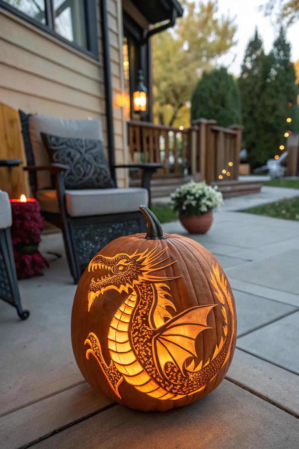 A legendary dragon etched into a gourd, introducing fantasy charm.