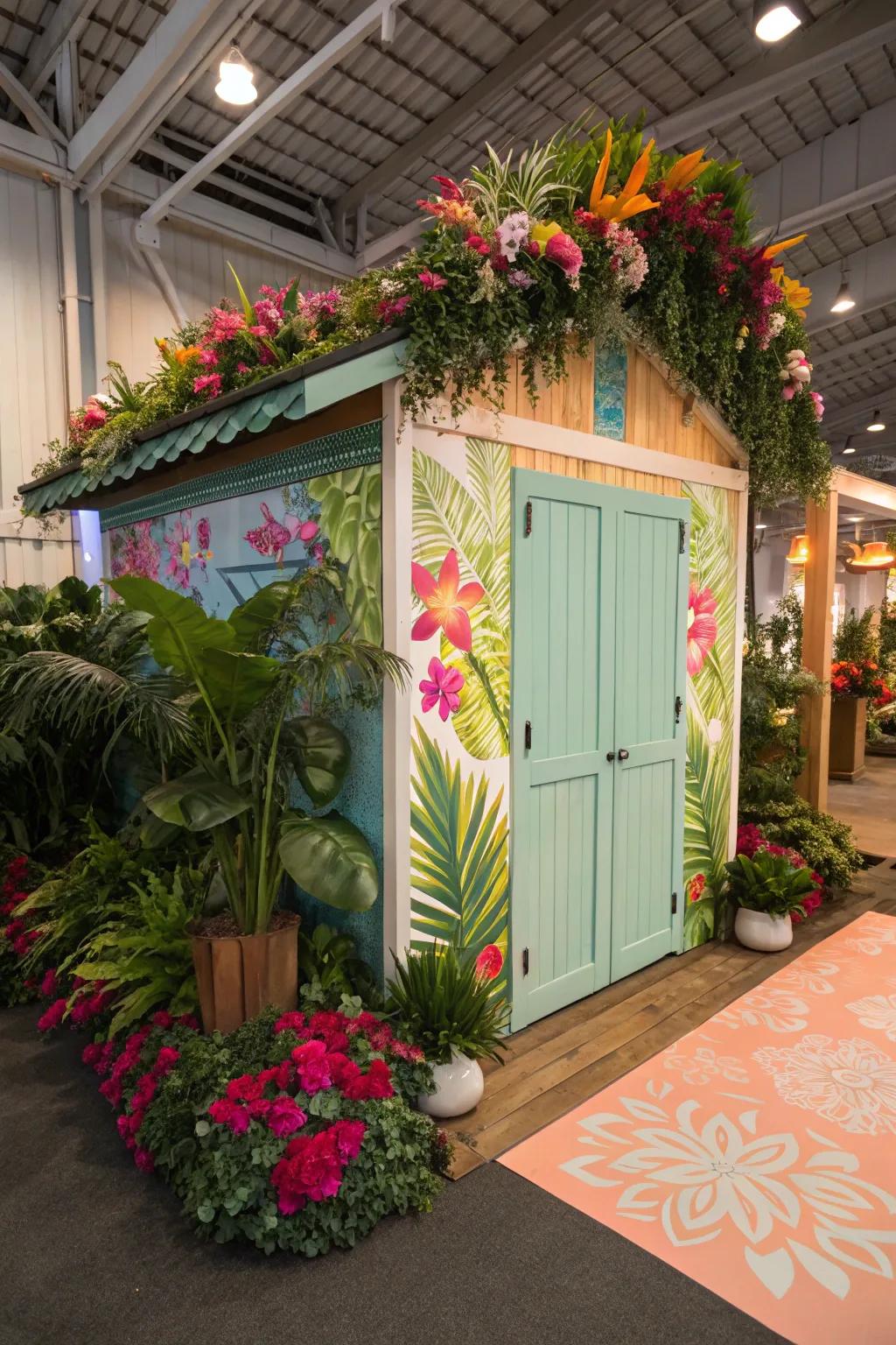 Design a tropical paradise in your she shed by using vibrant décor and lots of plants.
