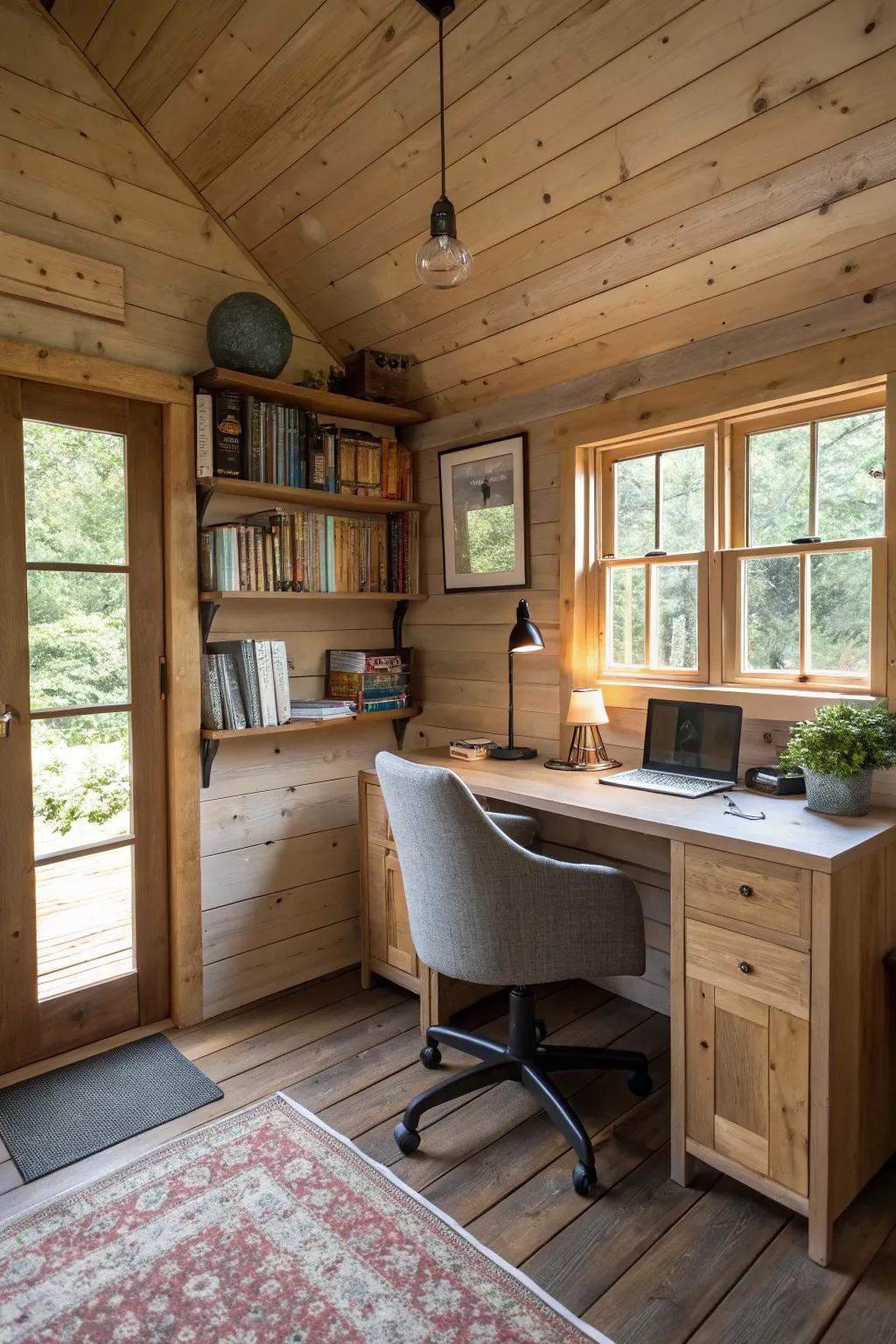 A converted shed featuring a committed personal office space for productivity.