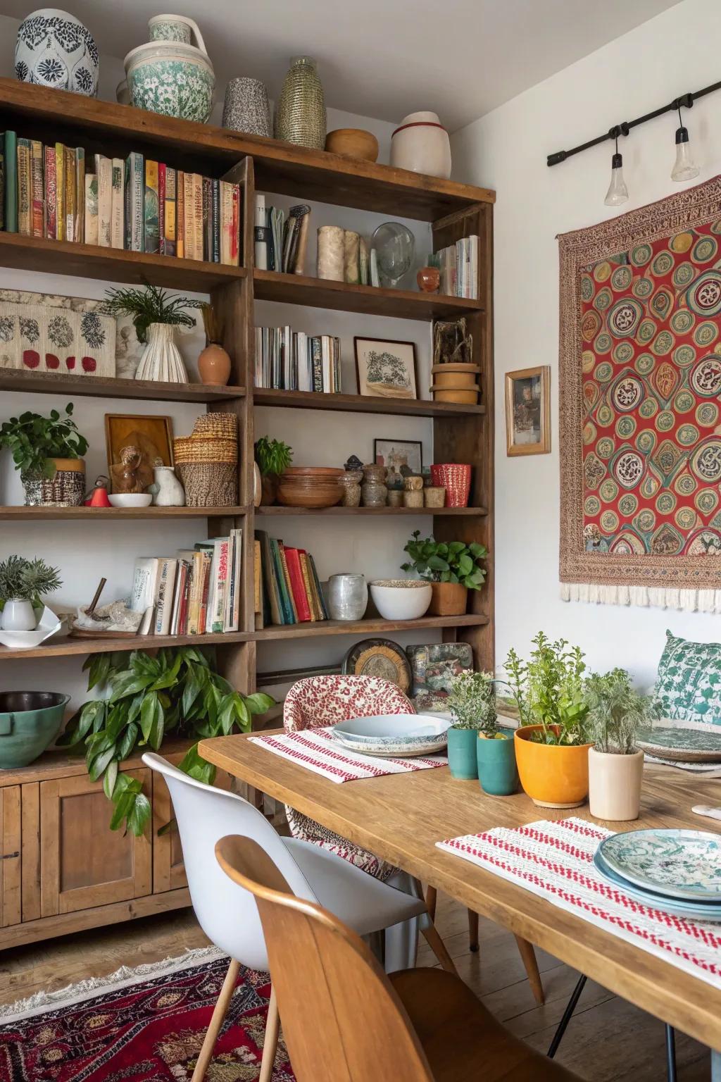 A diverse synthesis of styles on dining room shelving for a singular impression.