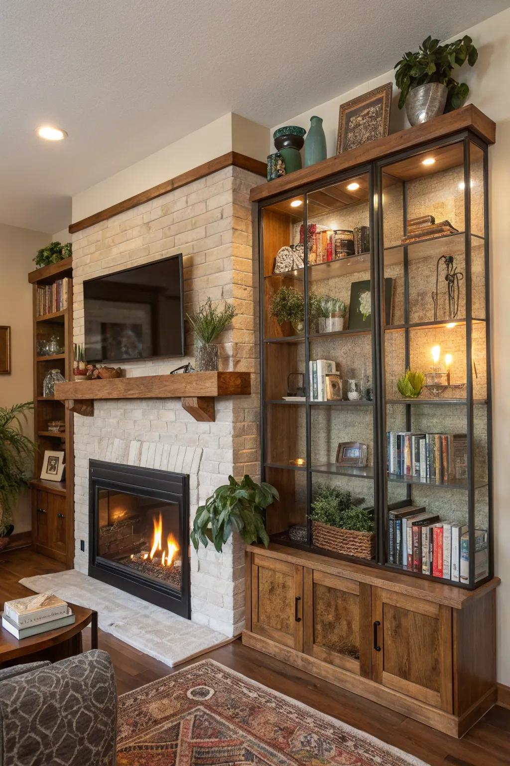 Varied materials add depth and interest to the shelves.