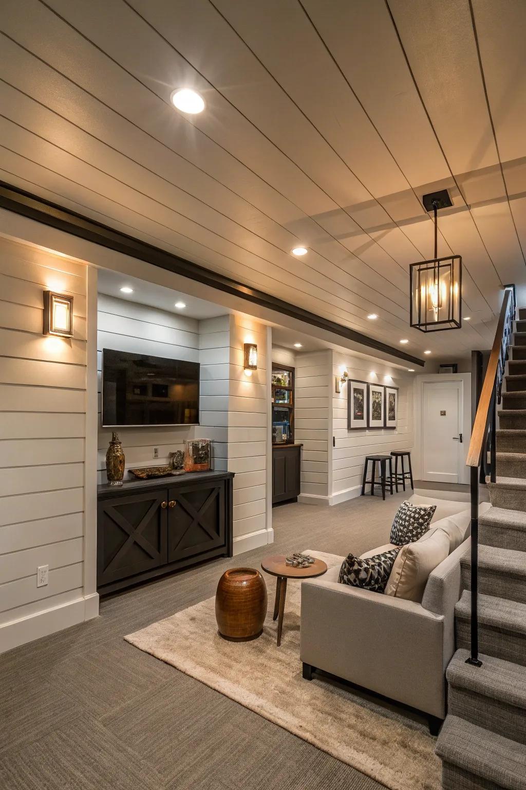 A modern edge with current fixtures and shiplap.