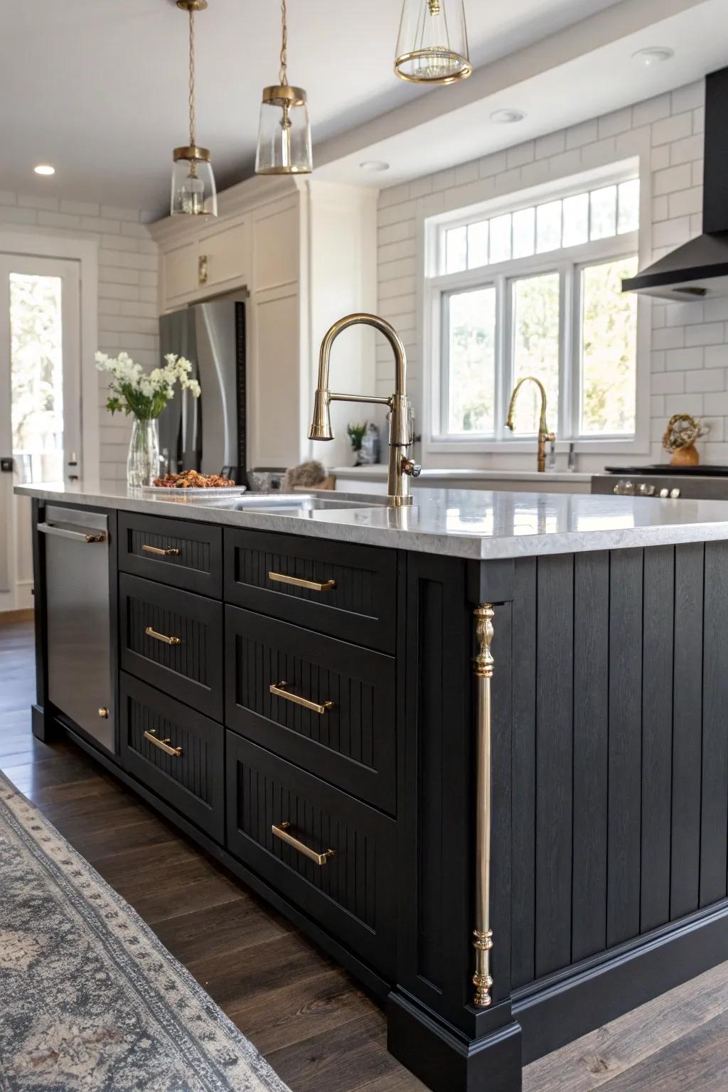 Elegant ebony shiplap island accentuated by stylish metallic features.
