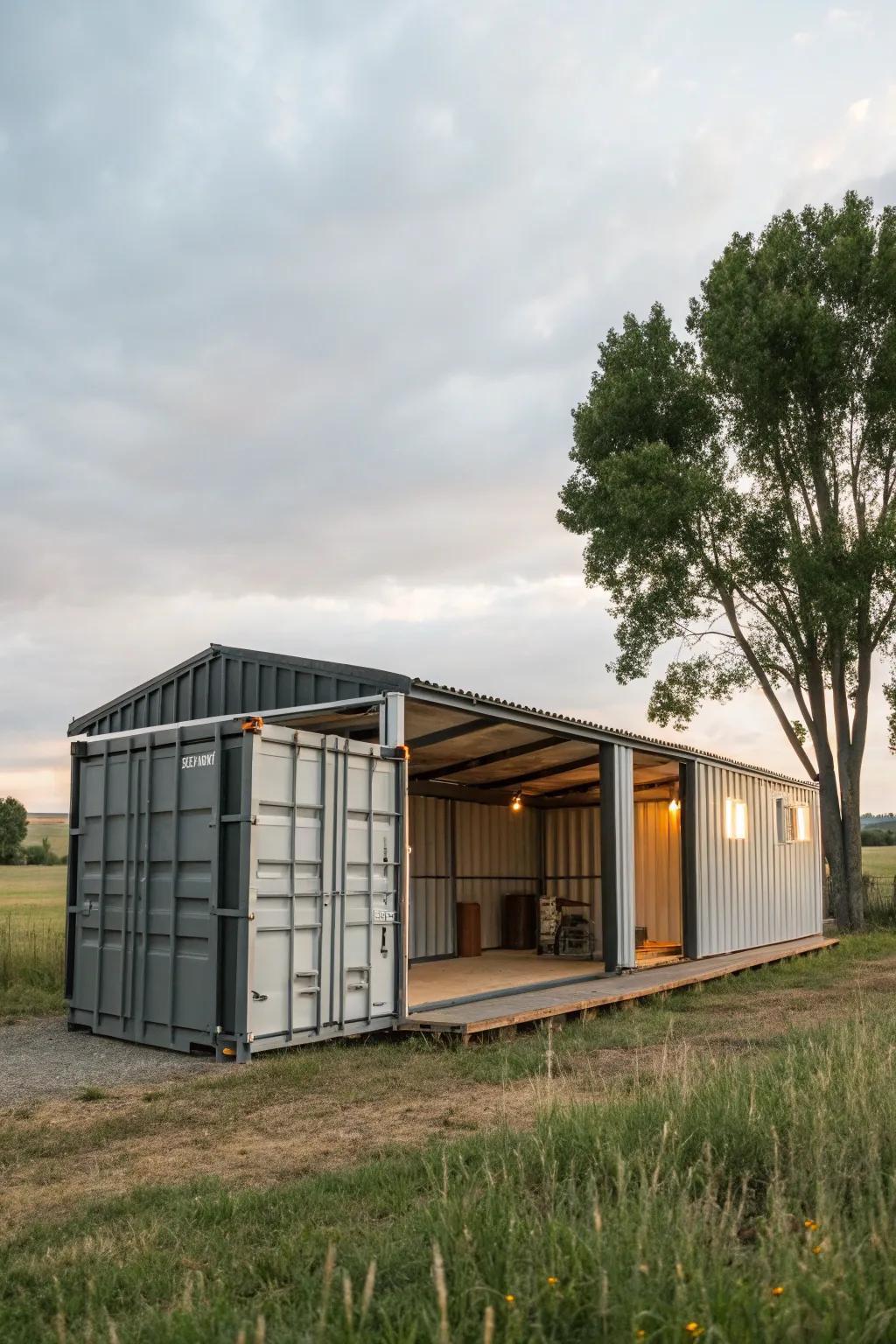 A metal box barn crafted for future development.
