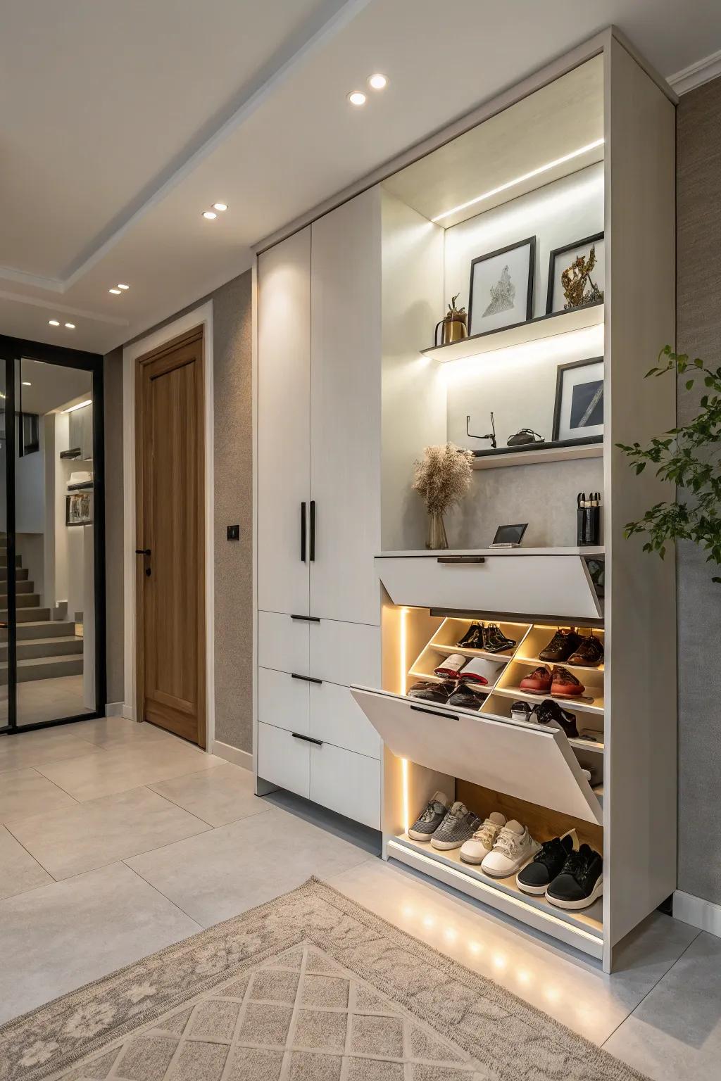 A modern floating footwear cabinet establishing an open and airy sensation.