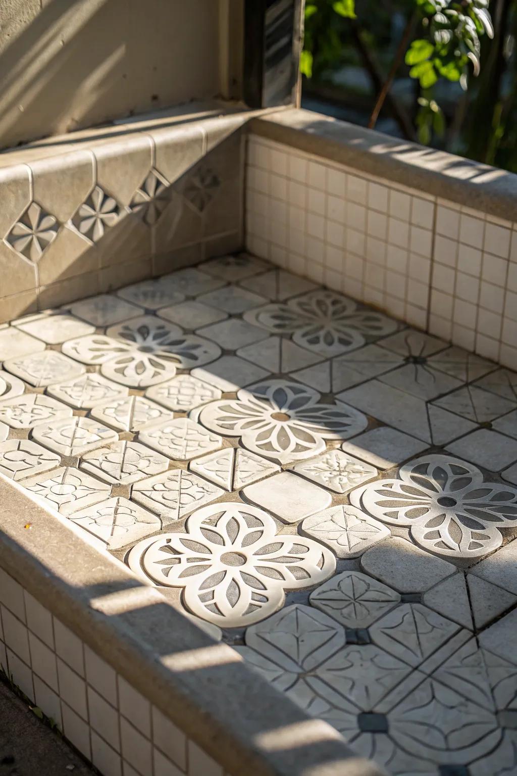 Multi-dimensional tiles on this shower space add dimension and craft captivating light and shadow effects.