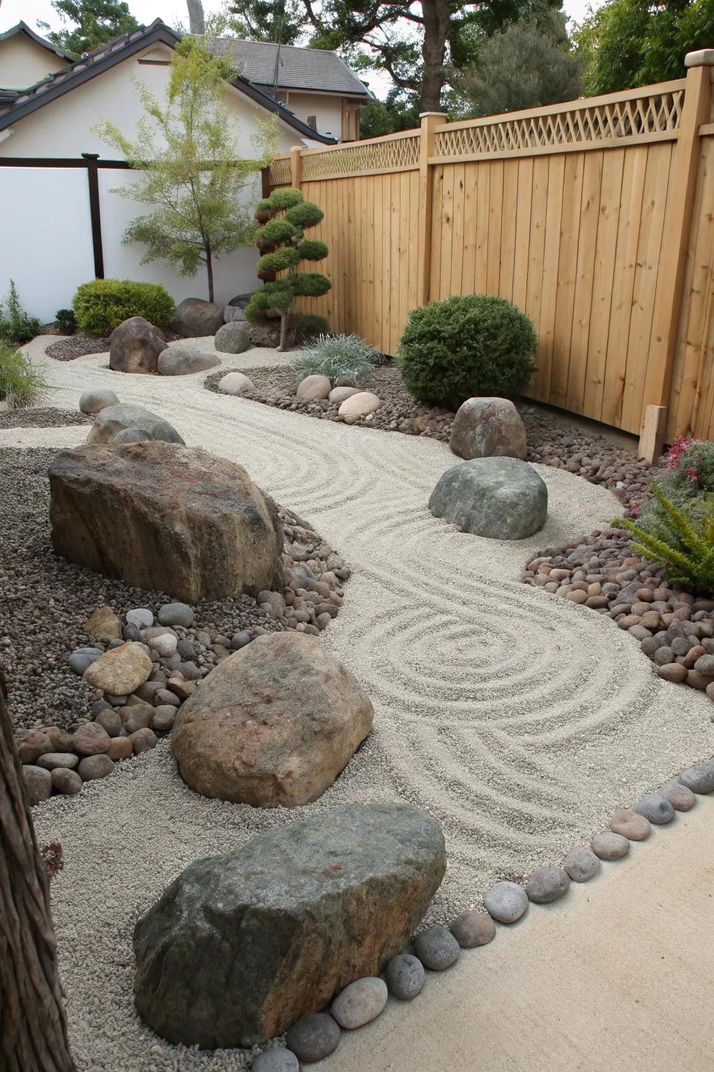 Construct a serene refuge through a contemplative rock arrangement within your side yard.