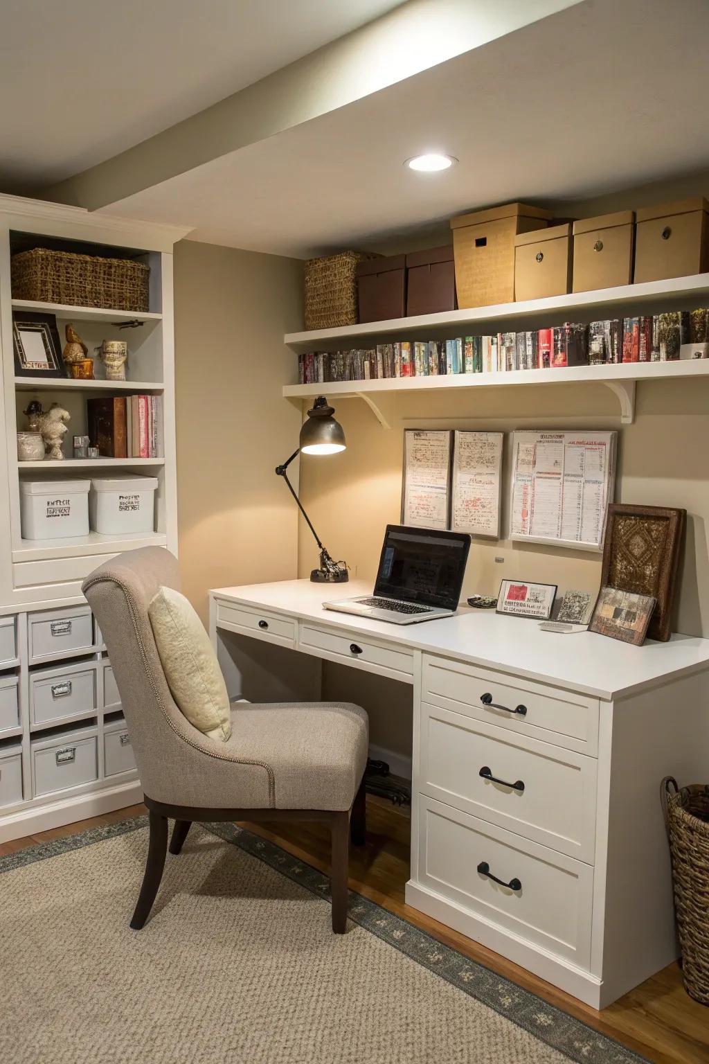 A basement office offers a tranquil area for concentrated work.