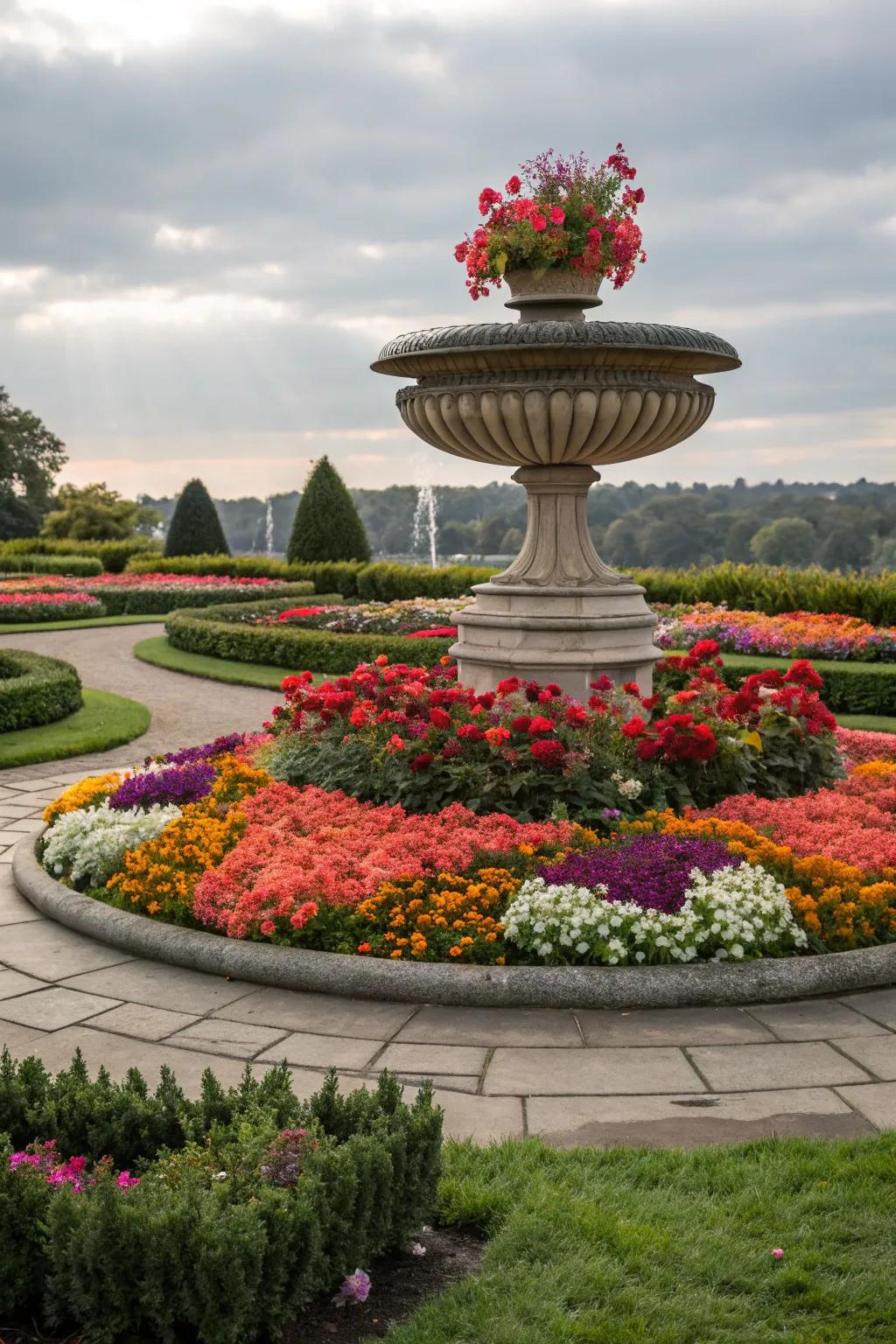 A circular garden bed highlighted by a centerpiece crafts a focal point within the garden.