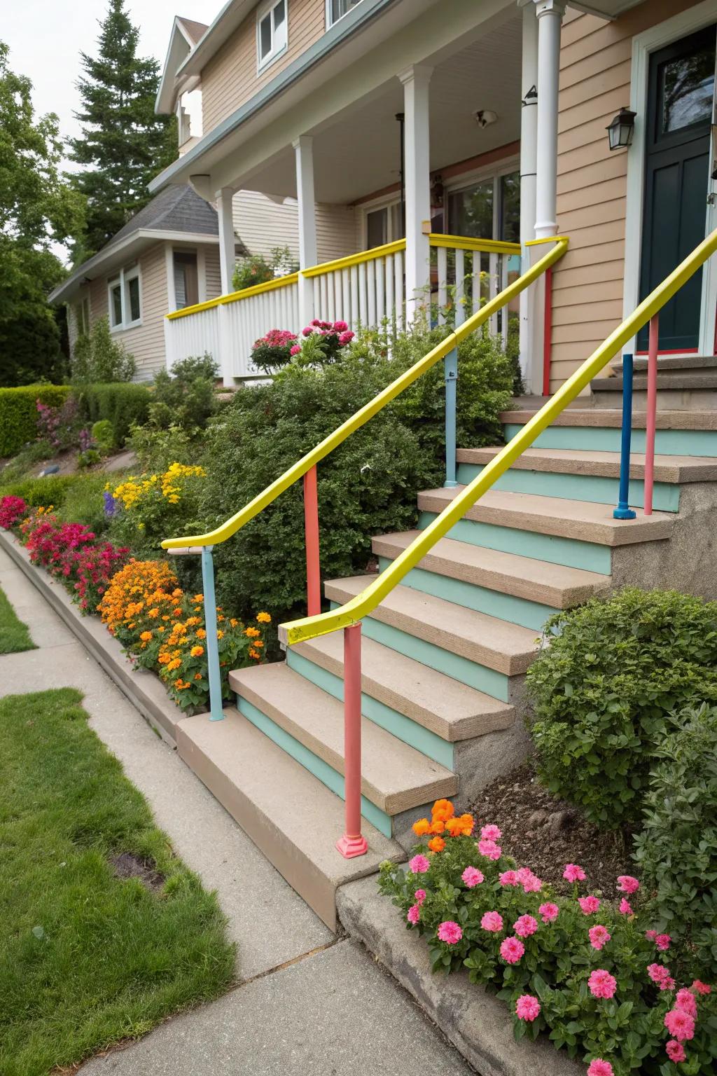 Vividly painted handrails append a splash of hue and individuality.