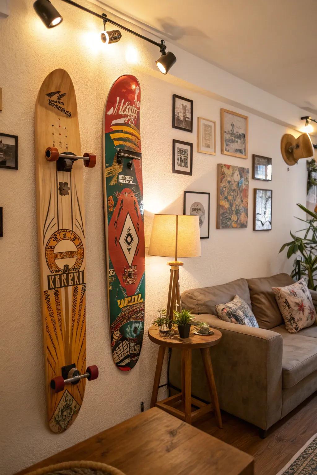 Incorporate nostalgia through classic skateboard art.