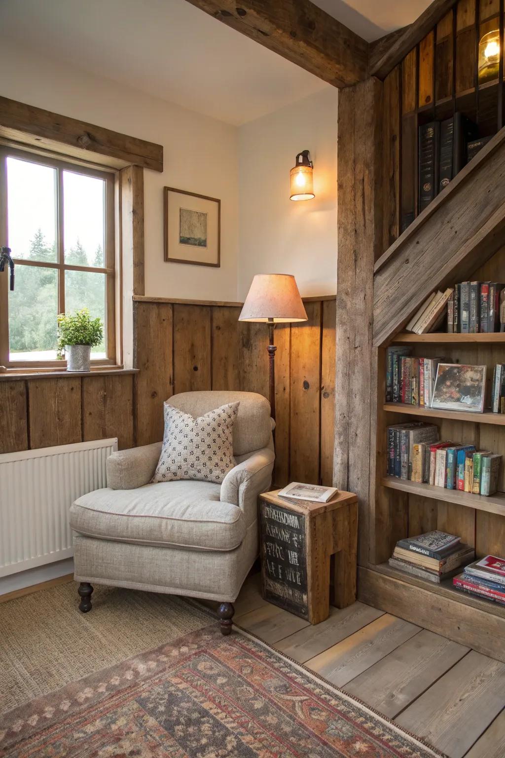 Weathered wooden skirting boards add rustic charm to reading areas.