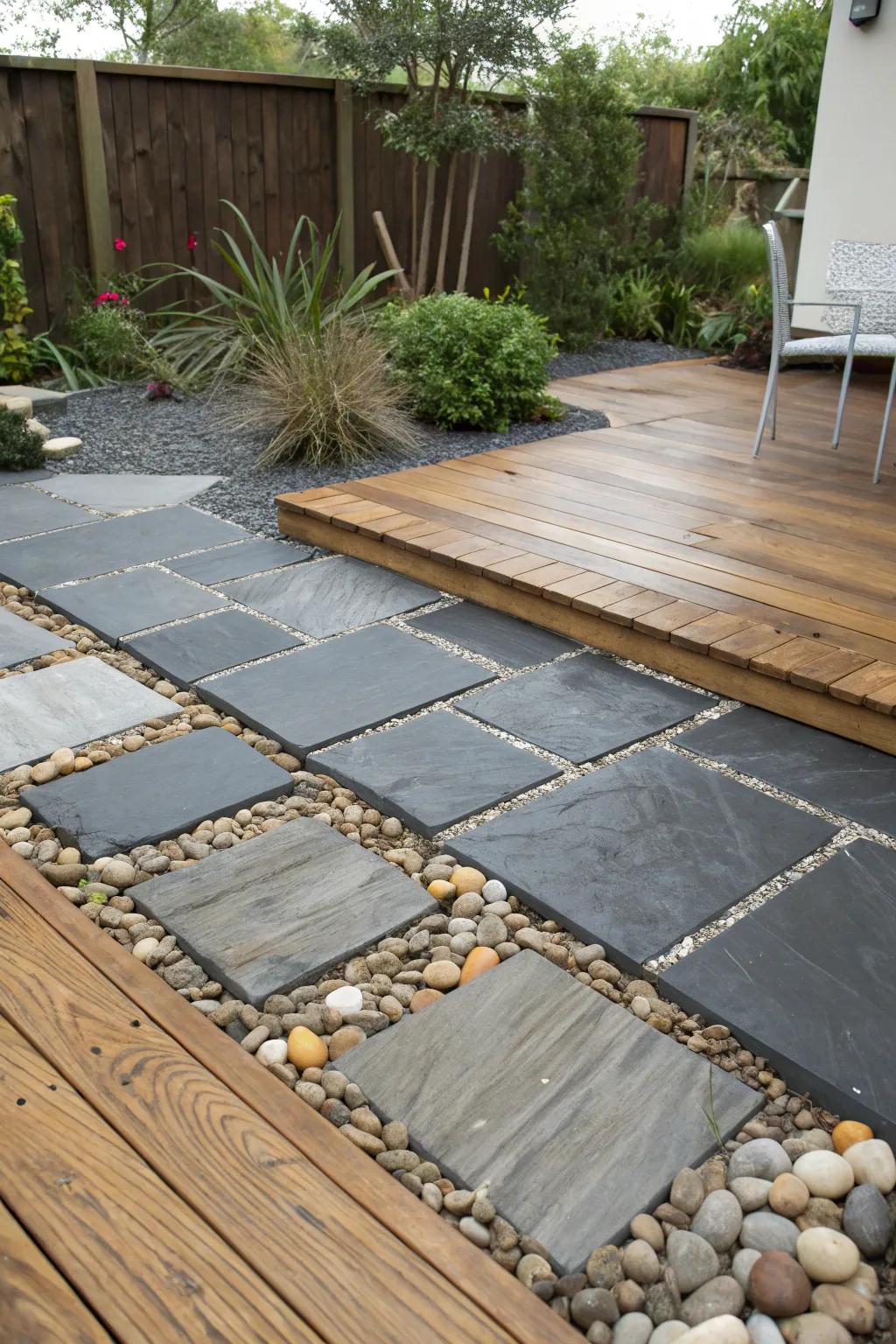 A slate patio with a creative mix of materials.
