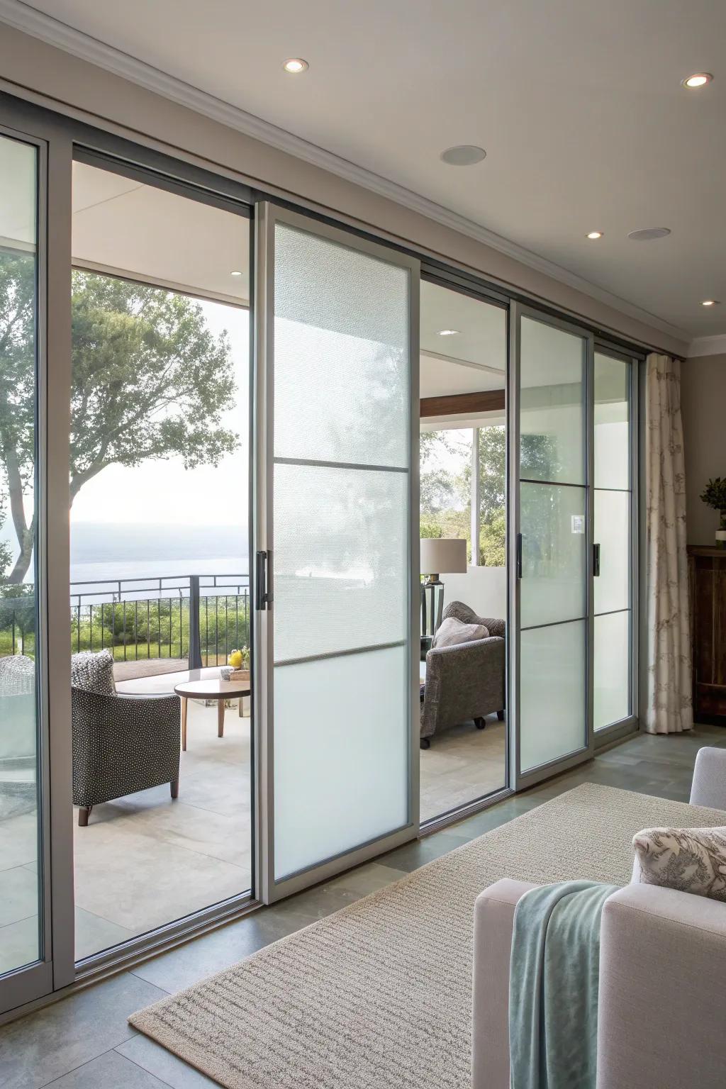 Frosted glass film offers privacy while sustaining light.