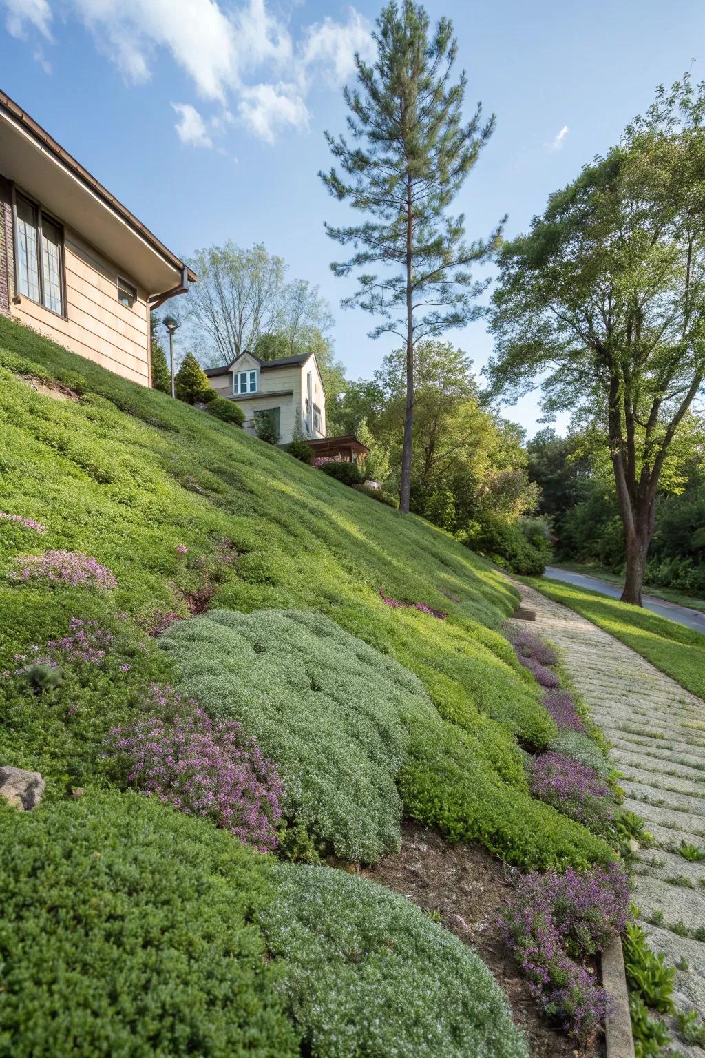 Ground covers fashion a lush, minimal-upkeep expanse.