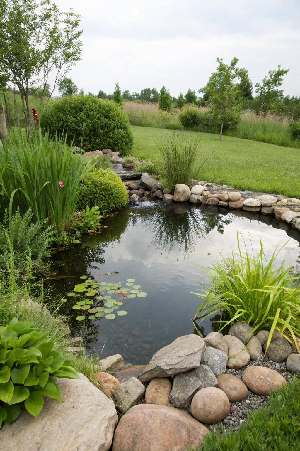 A miniature pond fashions a tranquil and enticing garden feature.