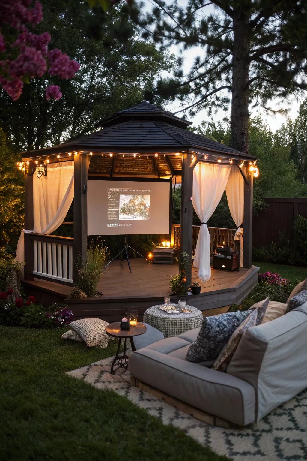 Savor cinematic evenings via an open-air cinema configuration.