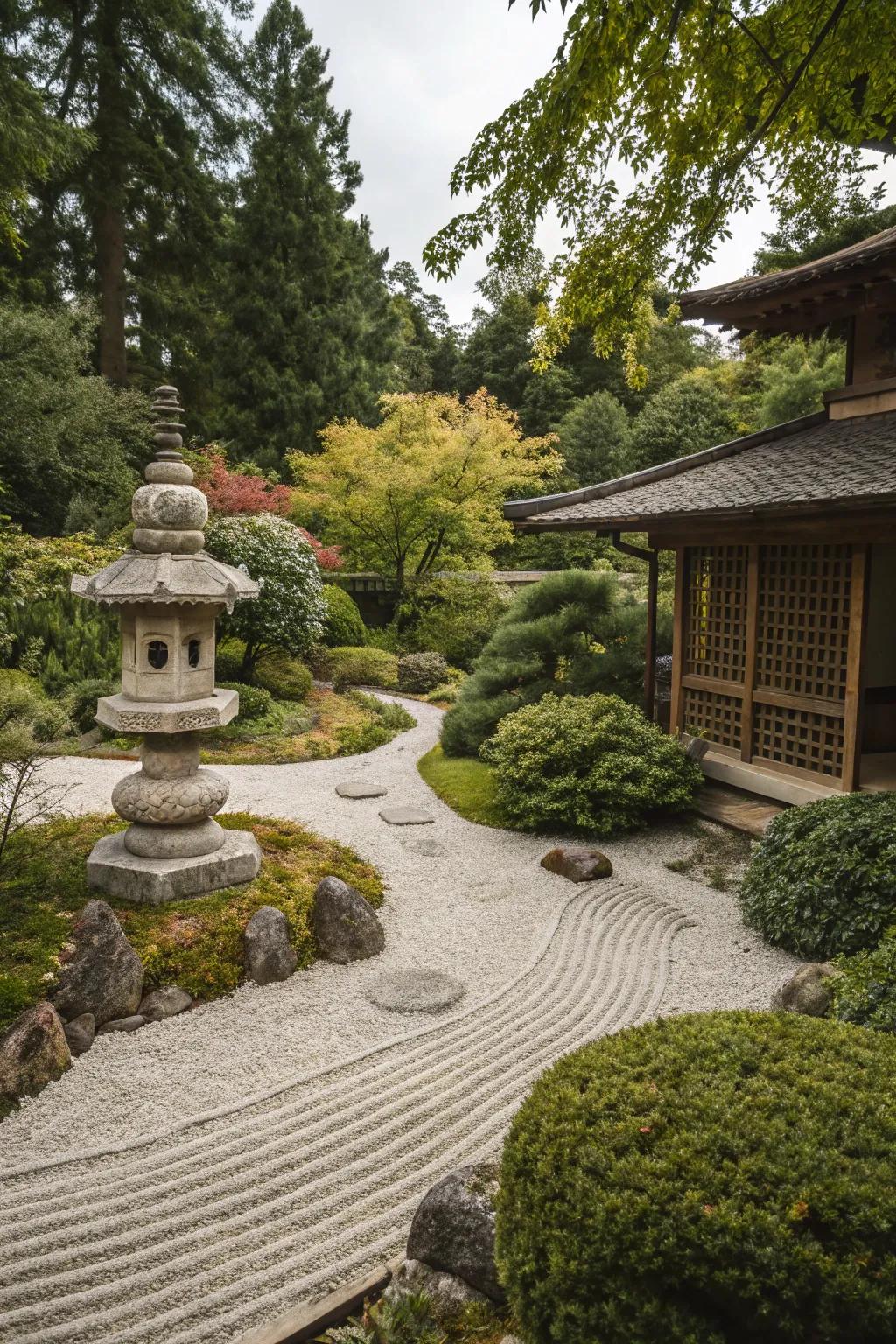 A zen garden exhibits a small stone pagoda nestled among greenery and gravel.
