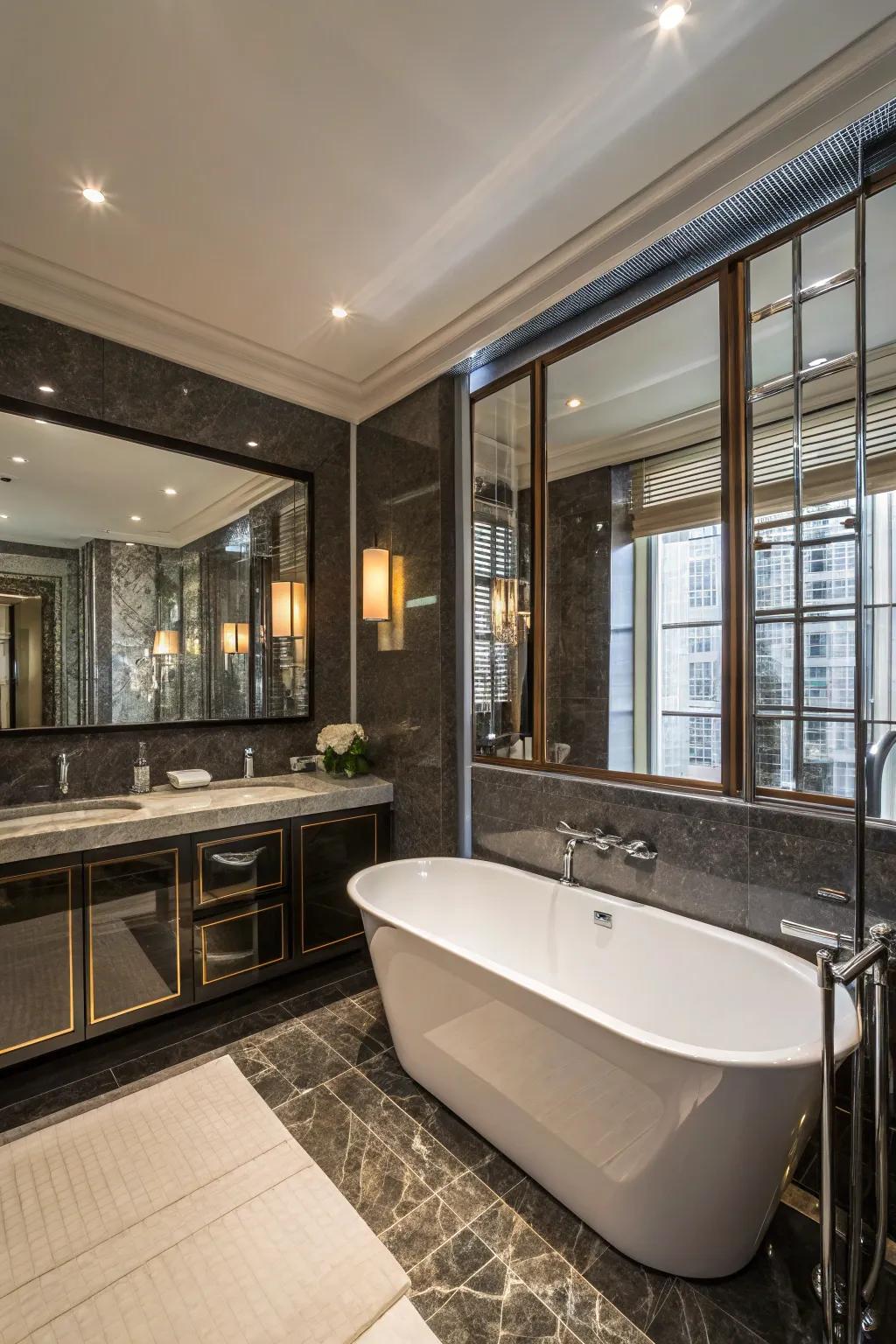 Reflective surfaces amplify illumination and depth.
