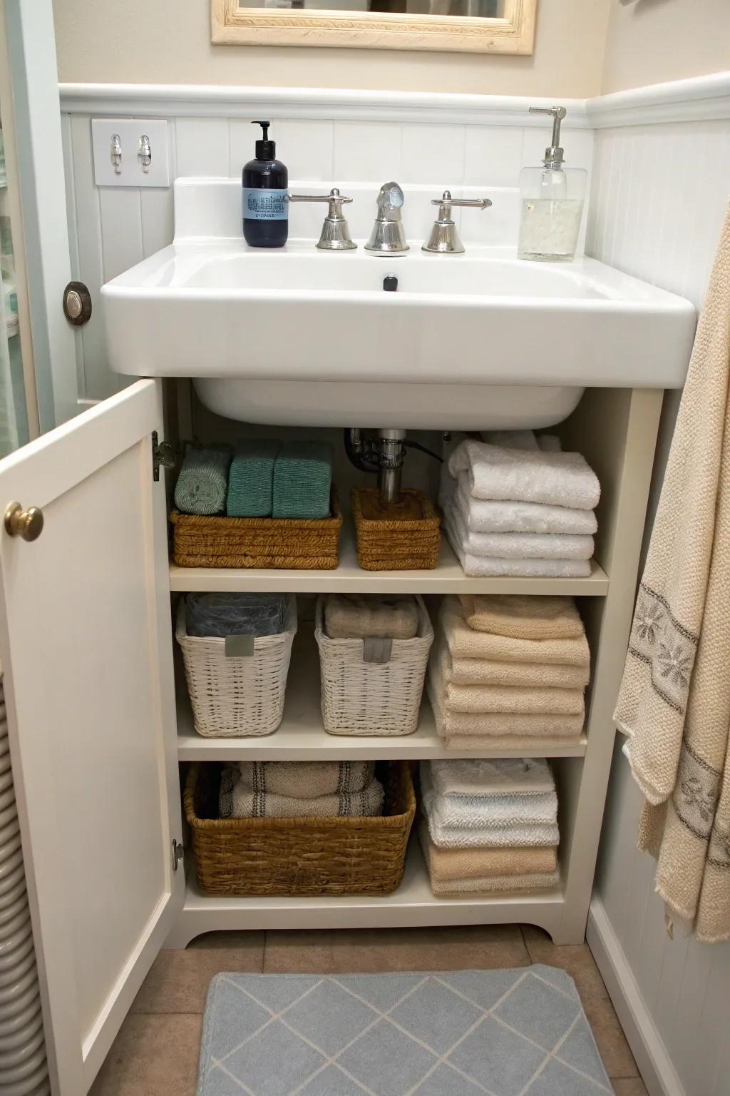 Keep towels hidden yet accessible with under-sink organizers.