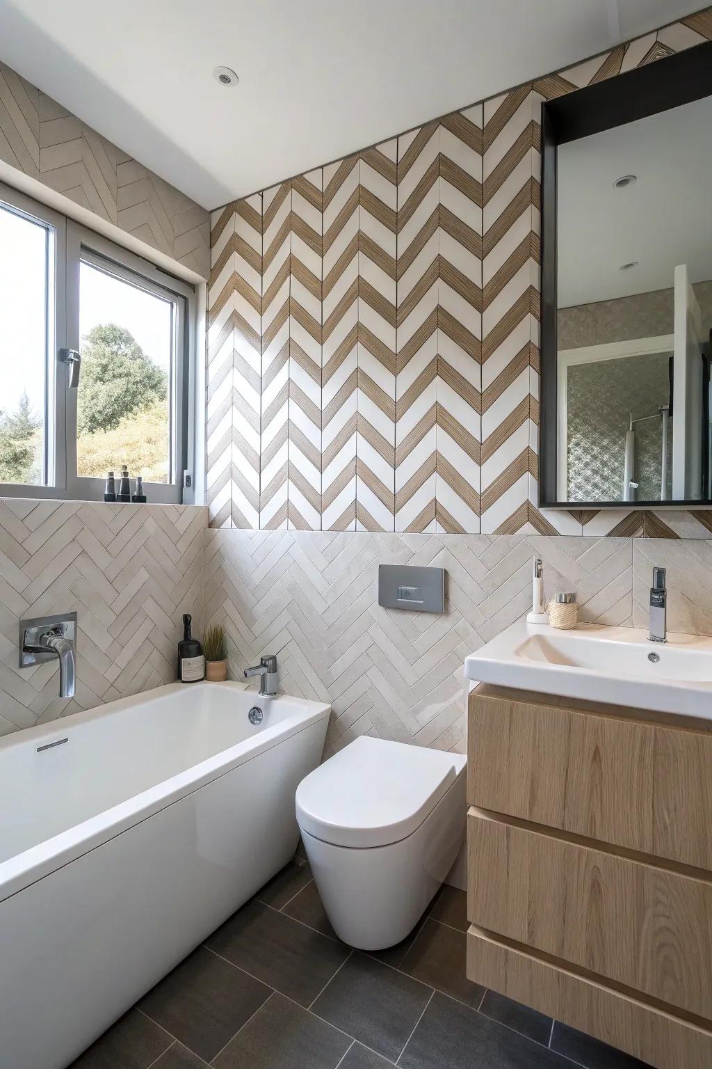 Parquet panels are presented in a compact bathroom, delivering a fashionable and dynamic appearance.