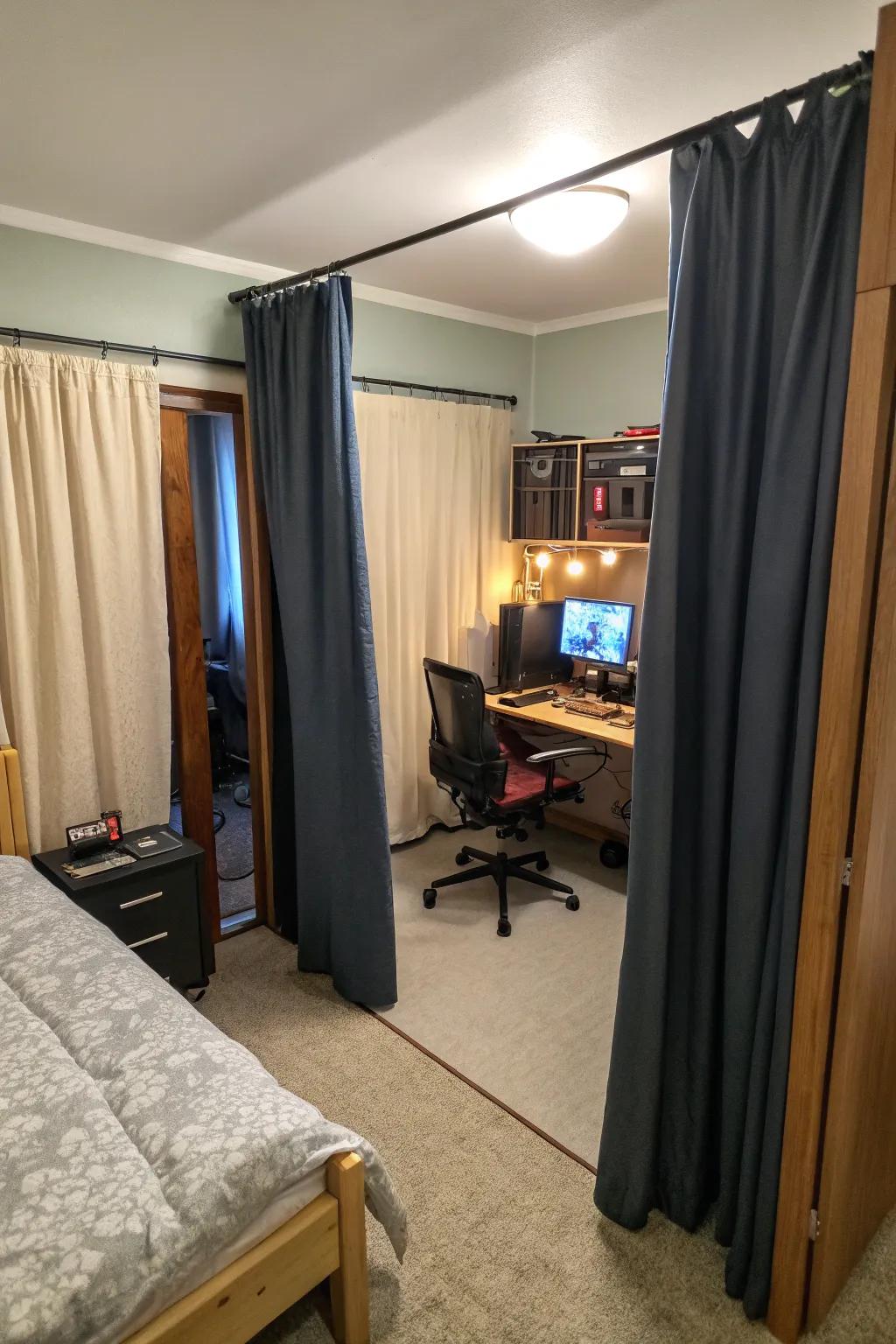 Drapes can define distinct zones within your small gaming room.