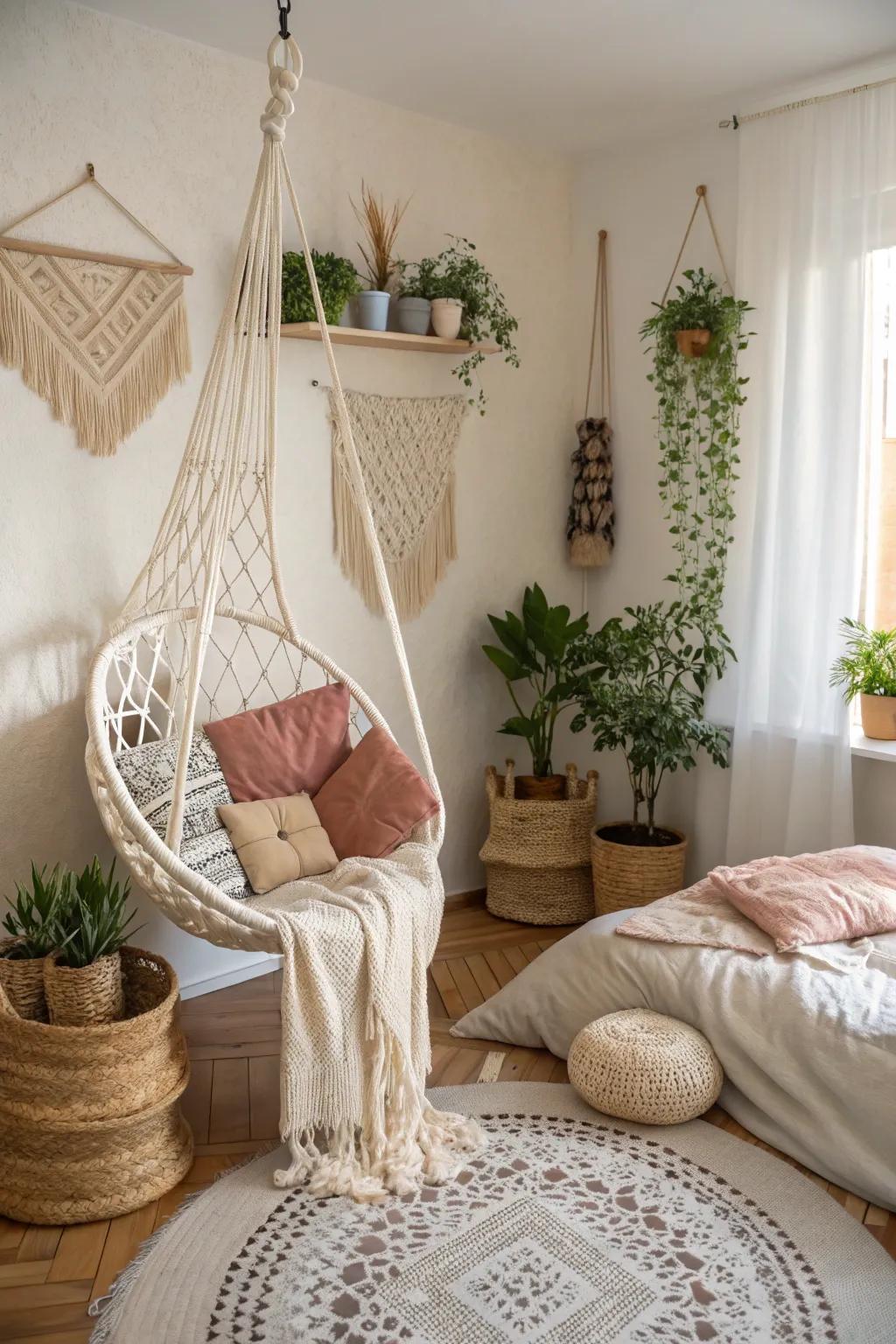 Unexpected elements like a hanging seat contribute a wow factor to this boho bedroom